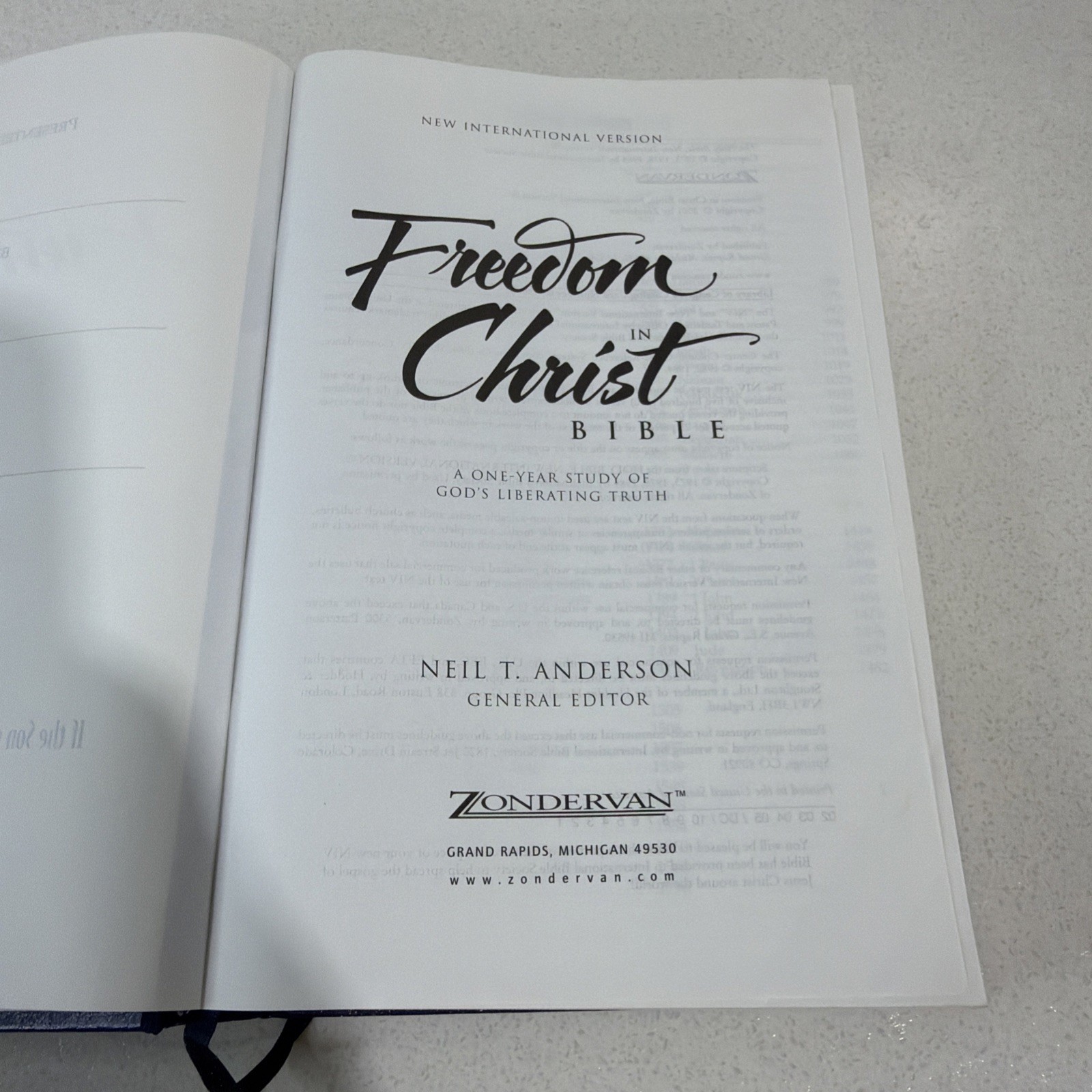 Freedom in Christ Bible by Zondervan Staff Blue 2001 Paint Splatter On Book