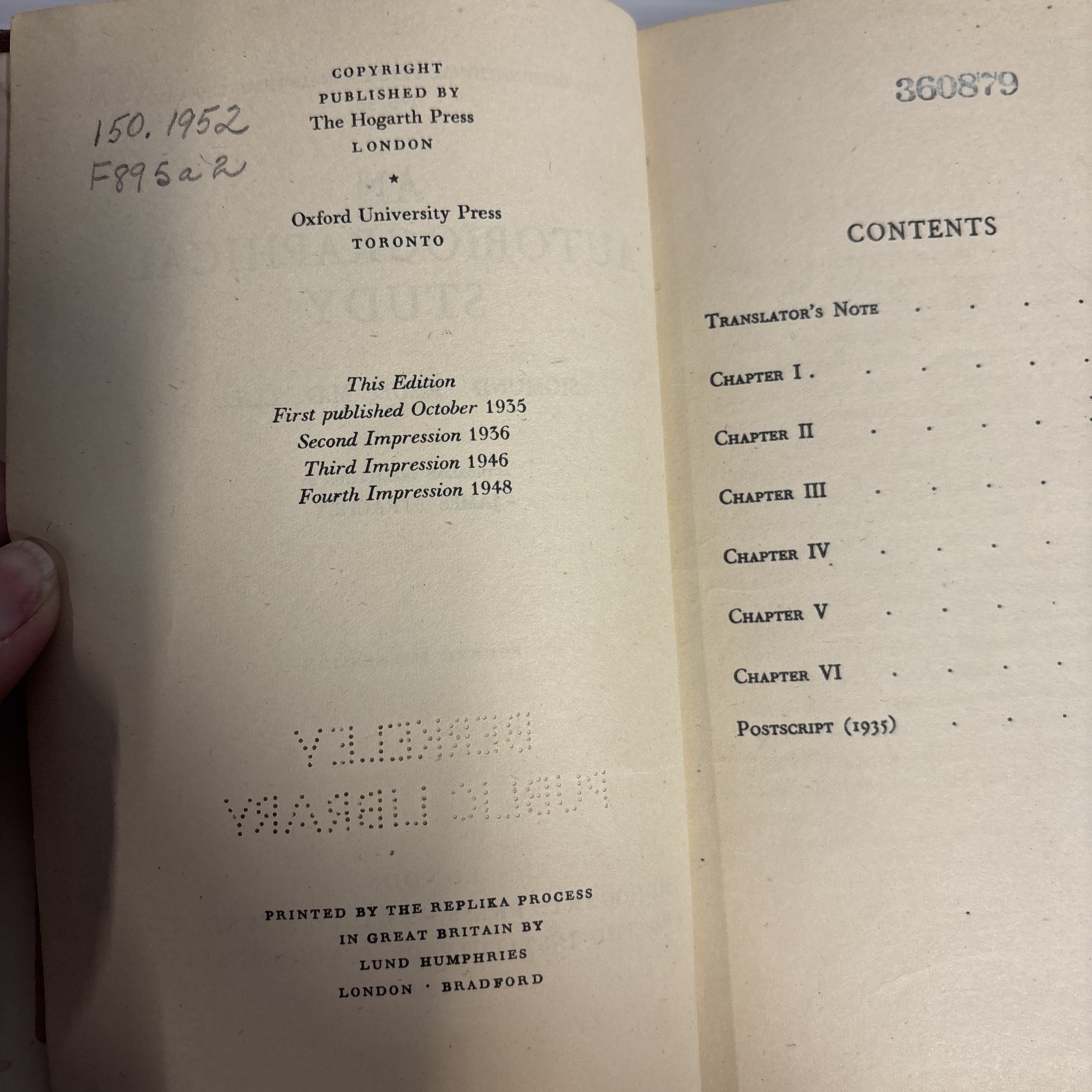 An Auto-Biographical Study 1948 by Sigmund Freud Hardcover