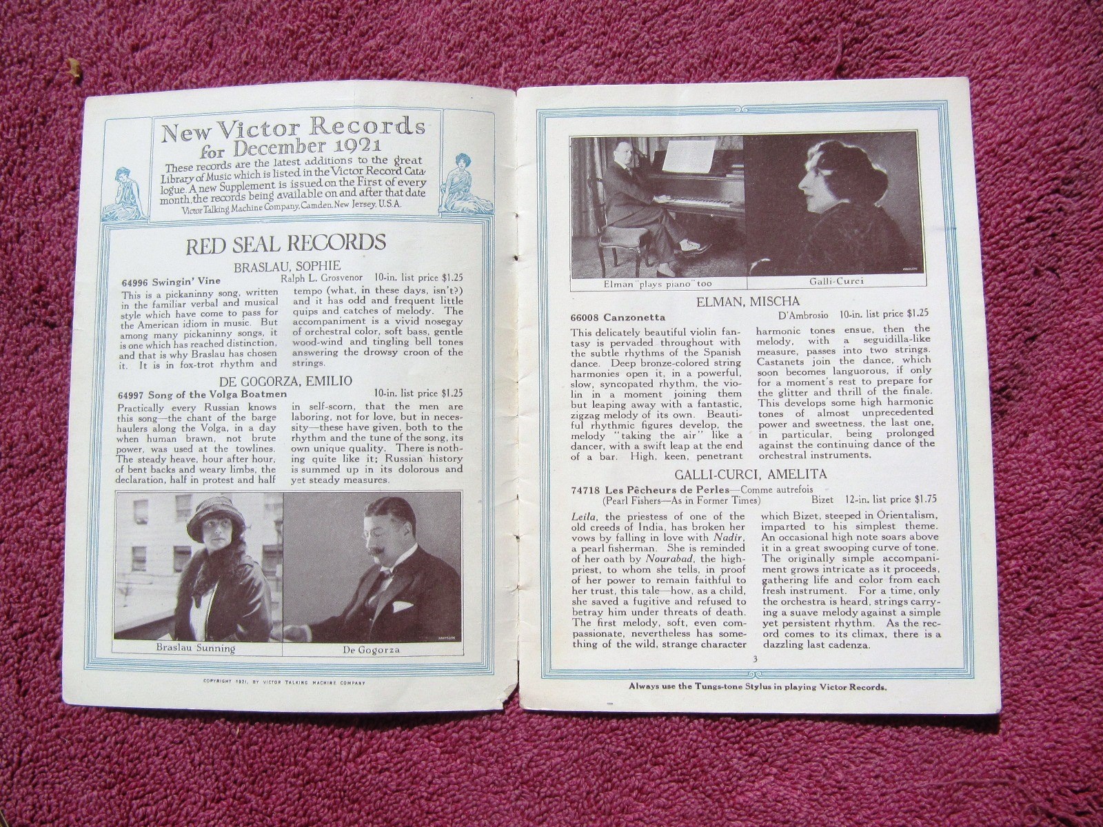 WURLITZER New VICTOR RECORDS Dec 1921 Pearl Fishers Whiteman Rachmaninov CATALOG