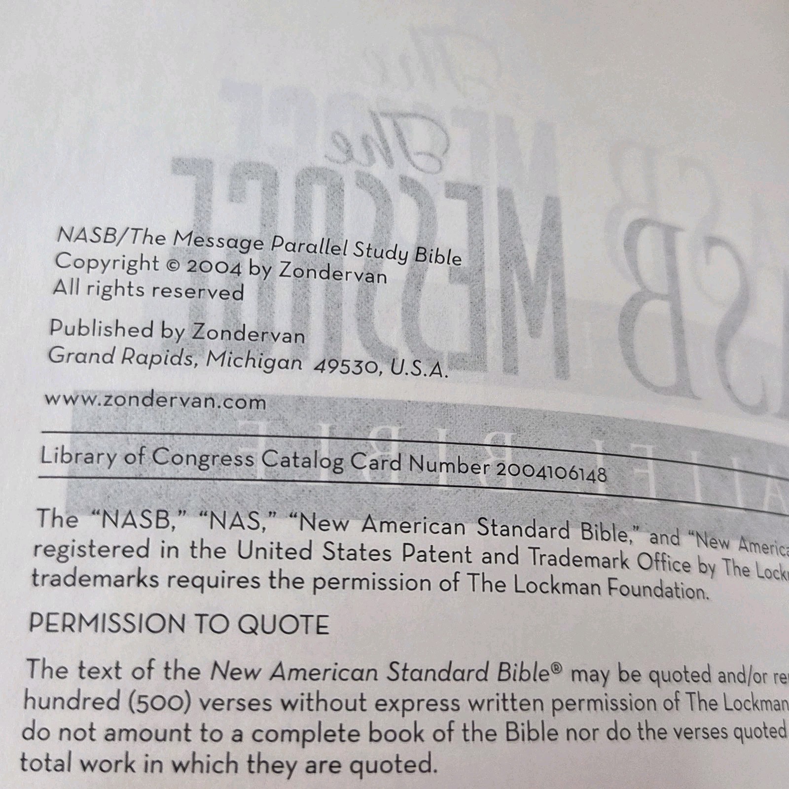NASB / The Message Parallel Bible by Zondervan Staff 2004, Black Bonded Leather