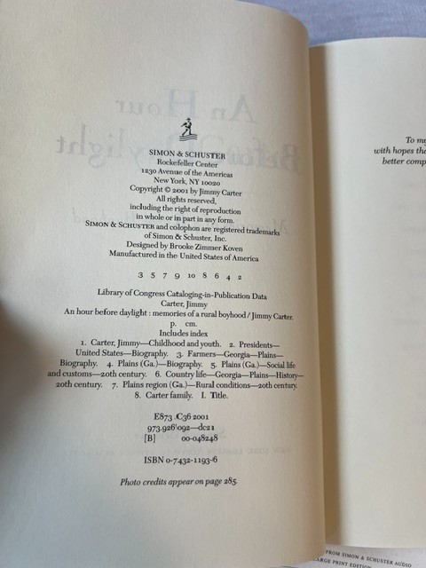 „An Hour Before Daylight“ Jimmy Carter signed book like new condition