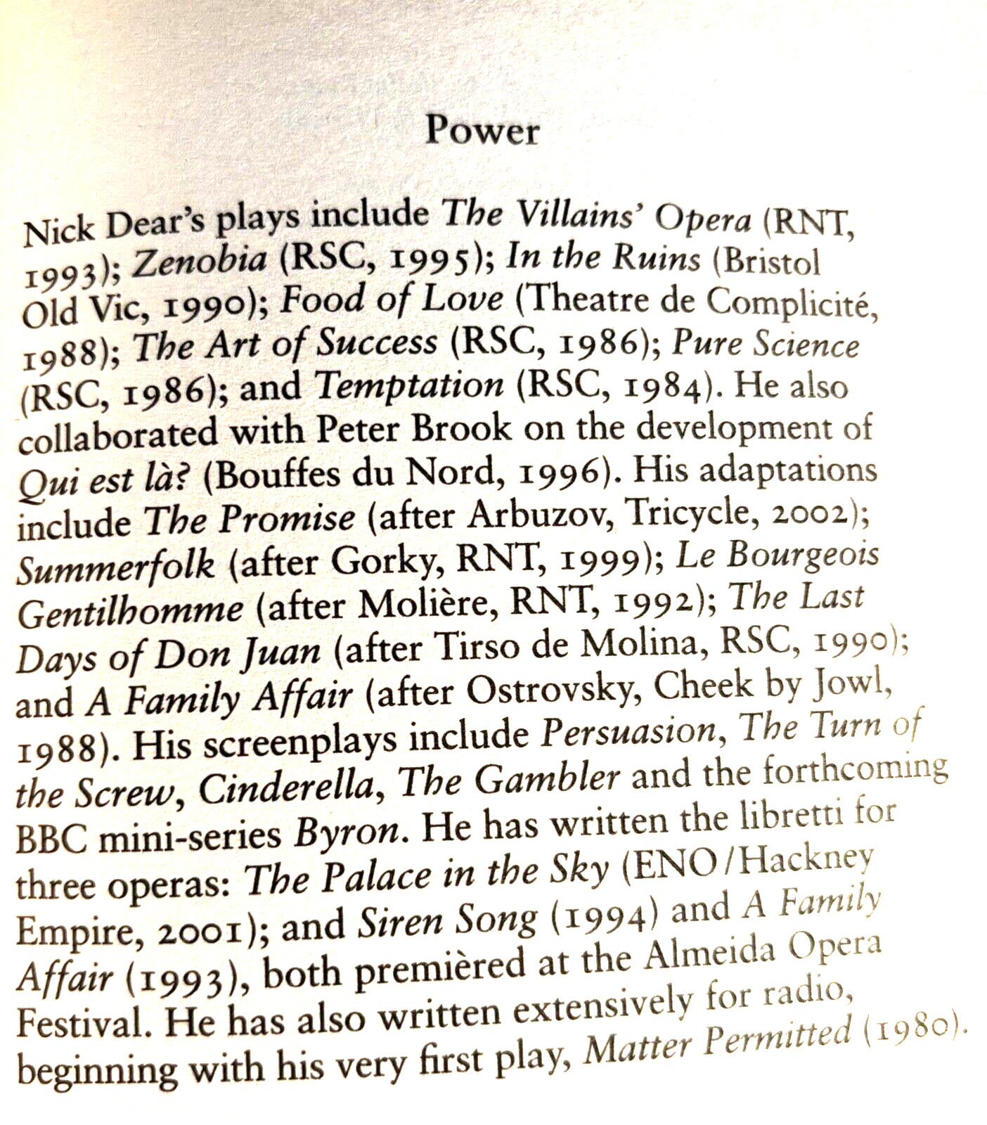 POWER a play by Nick Dear — New, unread copy