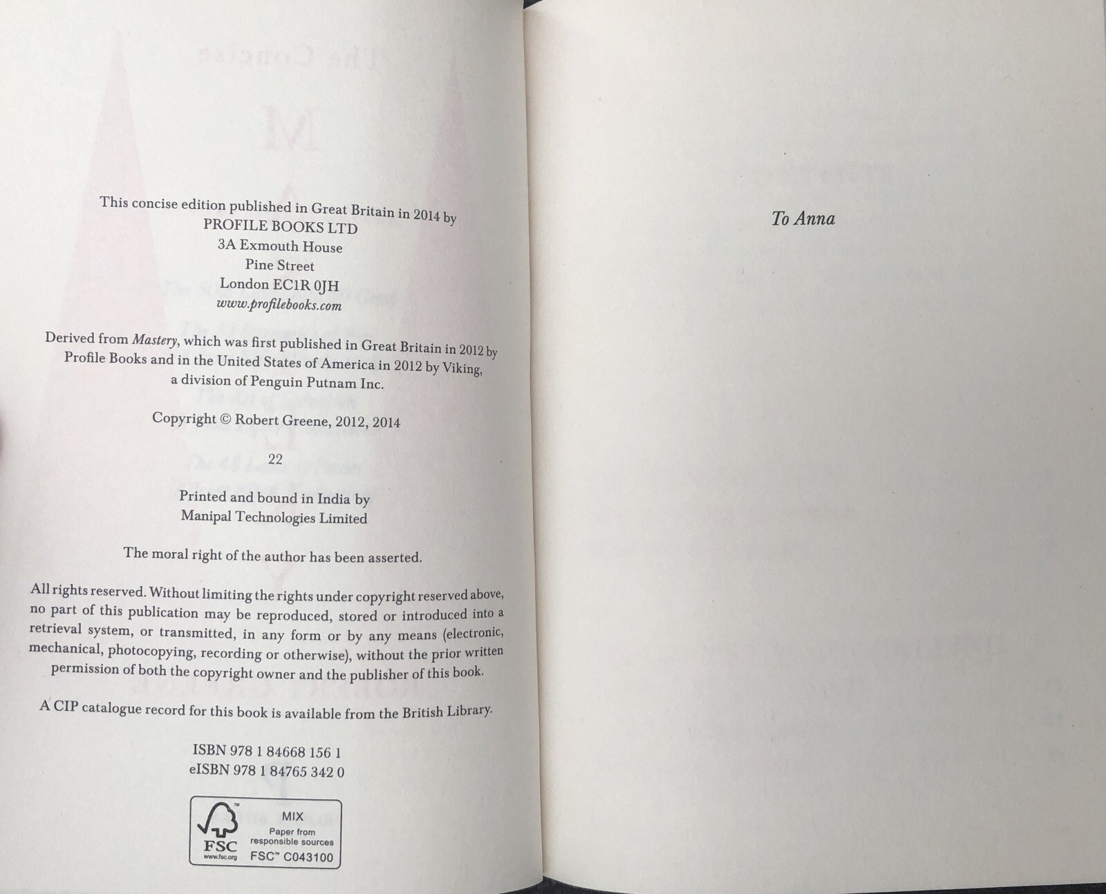 The Concise Mastery by Robert Greene. 2014 Profile Books PB