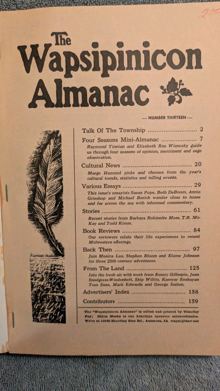 Timothy Fay, WAPSIPINICON ALMANAC #13 Anamosa Iowa, 160 Pages, Essays Literature