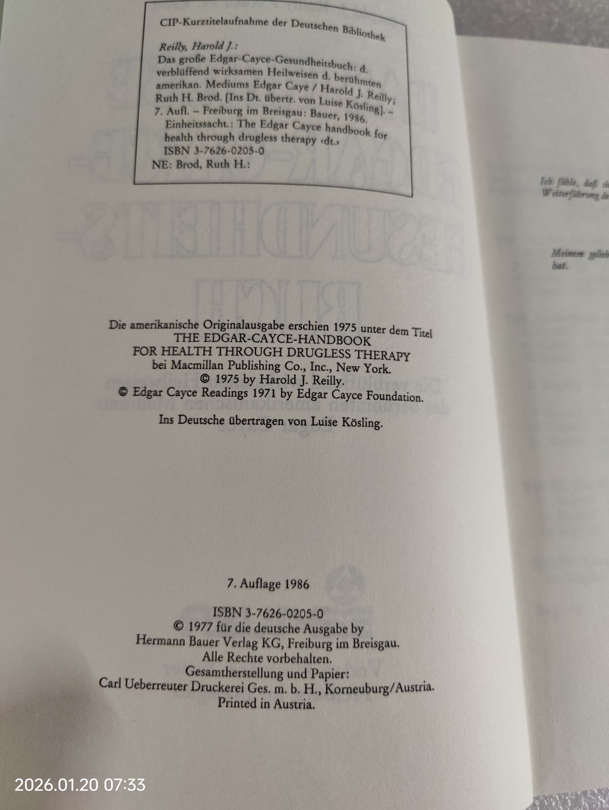 Das grosse Edgar-Cayce-Gesundheitsbuch 7th Edition „Auflage“ 1986
