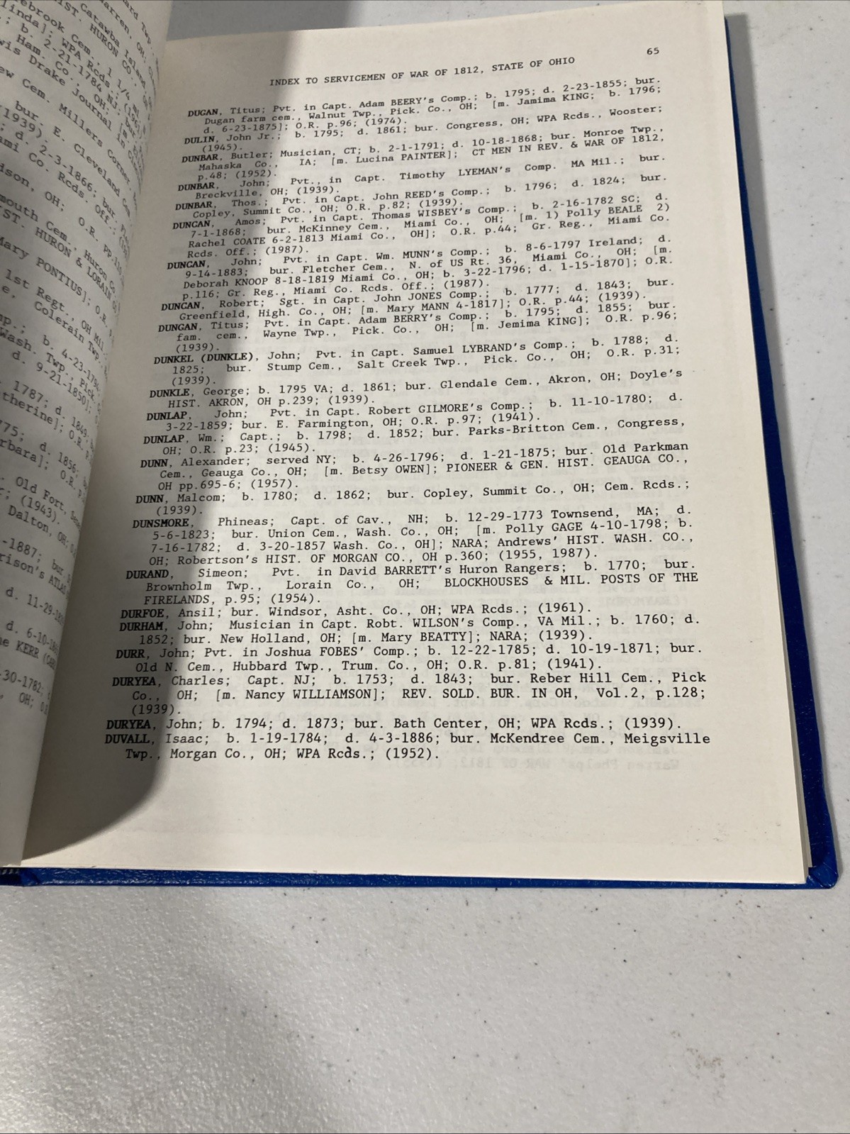 Index to the Grave Records of Servicemen of the War of 1812 State of Ohio HC