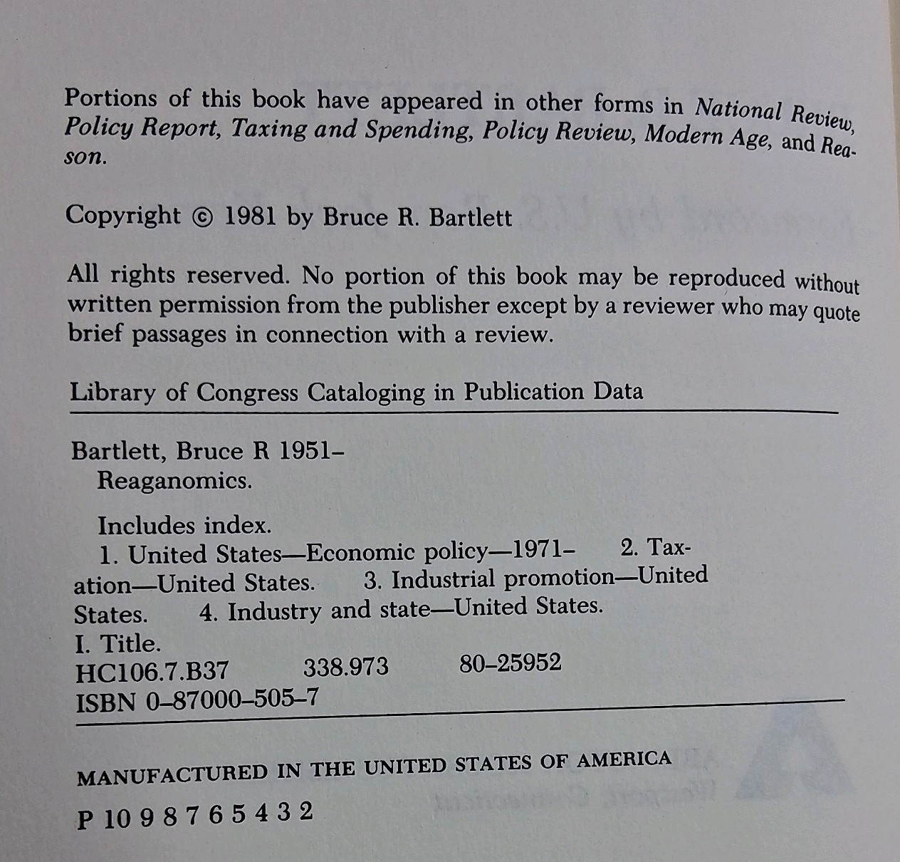 Reaganomics: Supply Side Economics in Action Bruce Bartlett HC/DJ Arlington