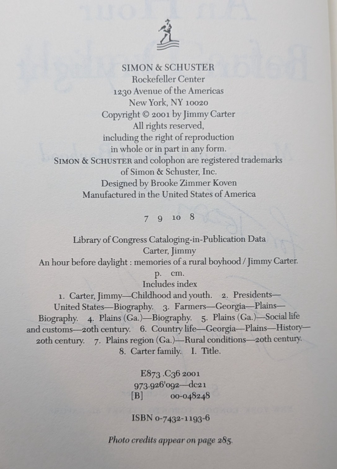 An Hour Before Daylight Signed by President Jimmy Carter 1st Edition (For Teddy)