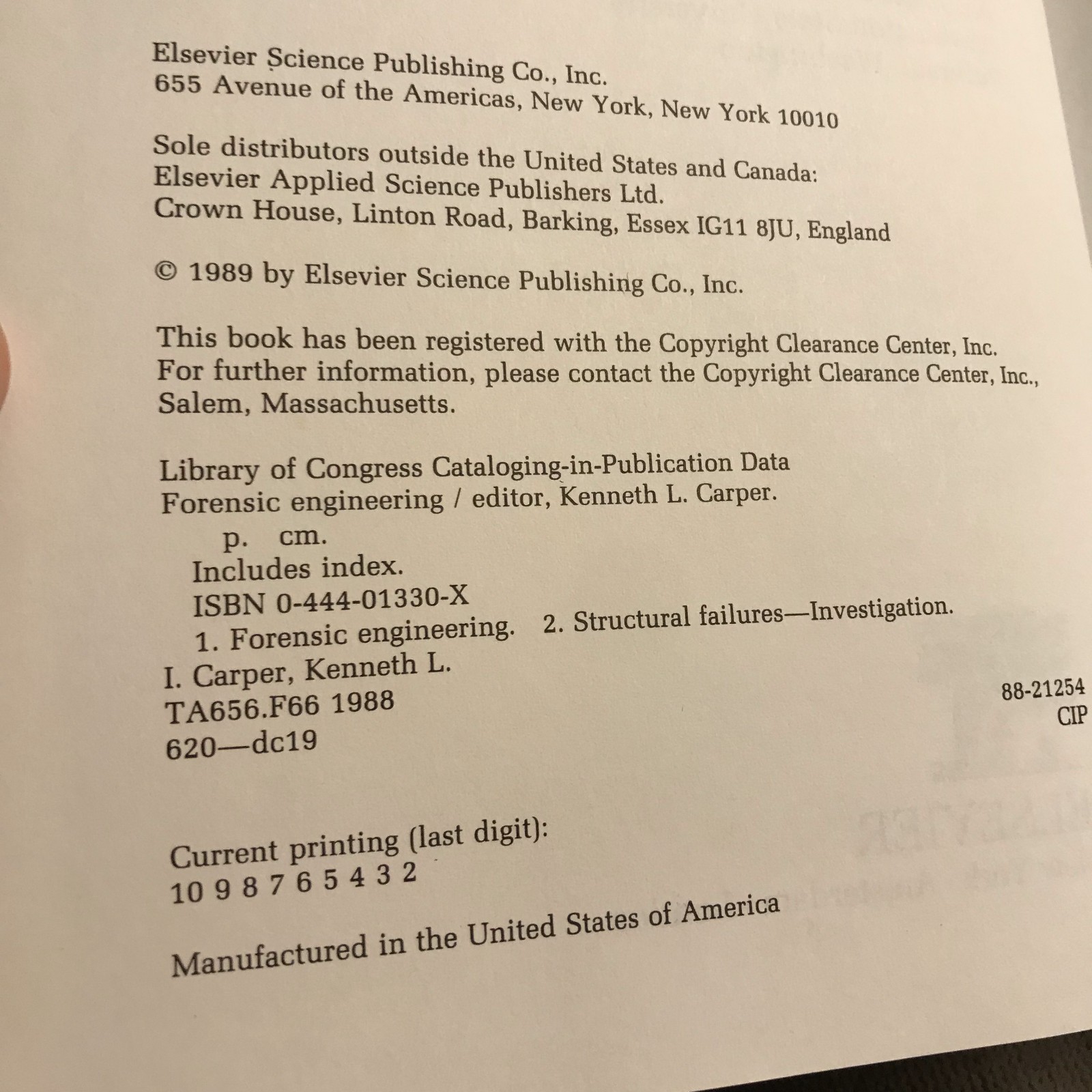 Forensic Engineering (Hardcover 1989) Edited by Kenneth Carper