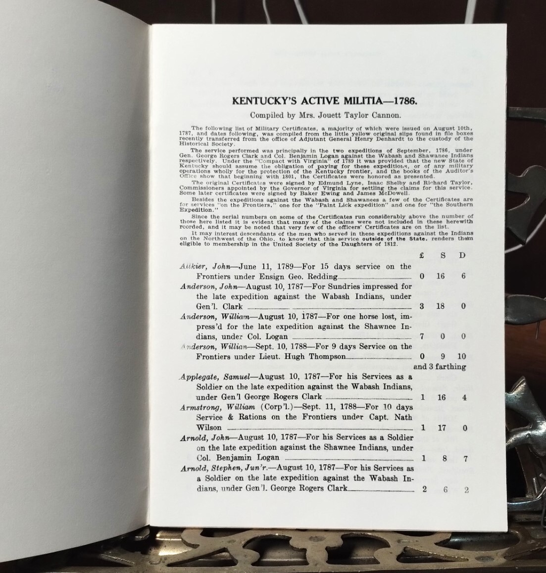 KENTUCKY’S ACTIVE MILITIA 1786, by Cannon, 1965, Genealogy