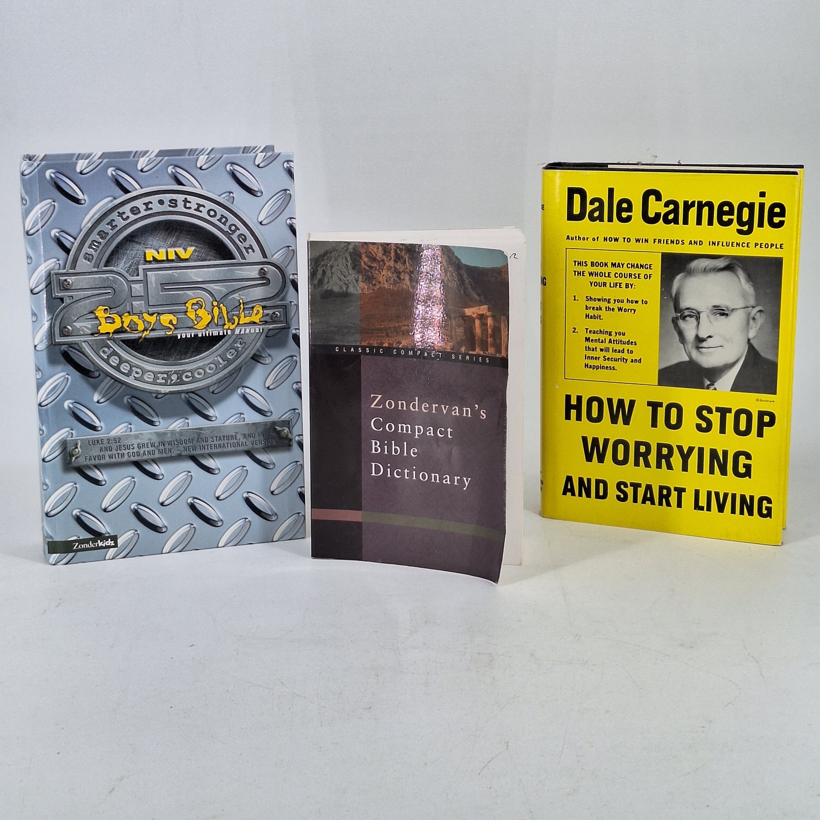 Mixed Lot of 3 Books Boys NIV Bible Bible Dictionary How to Stop Worrying & Live