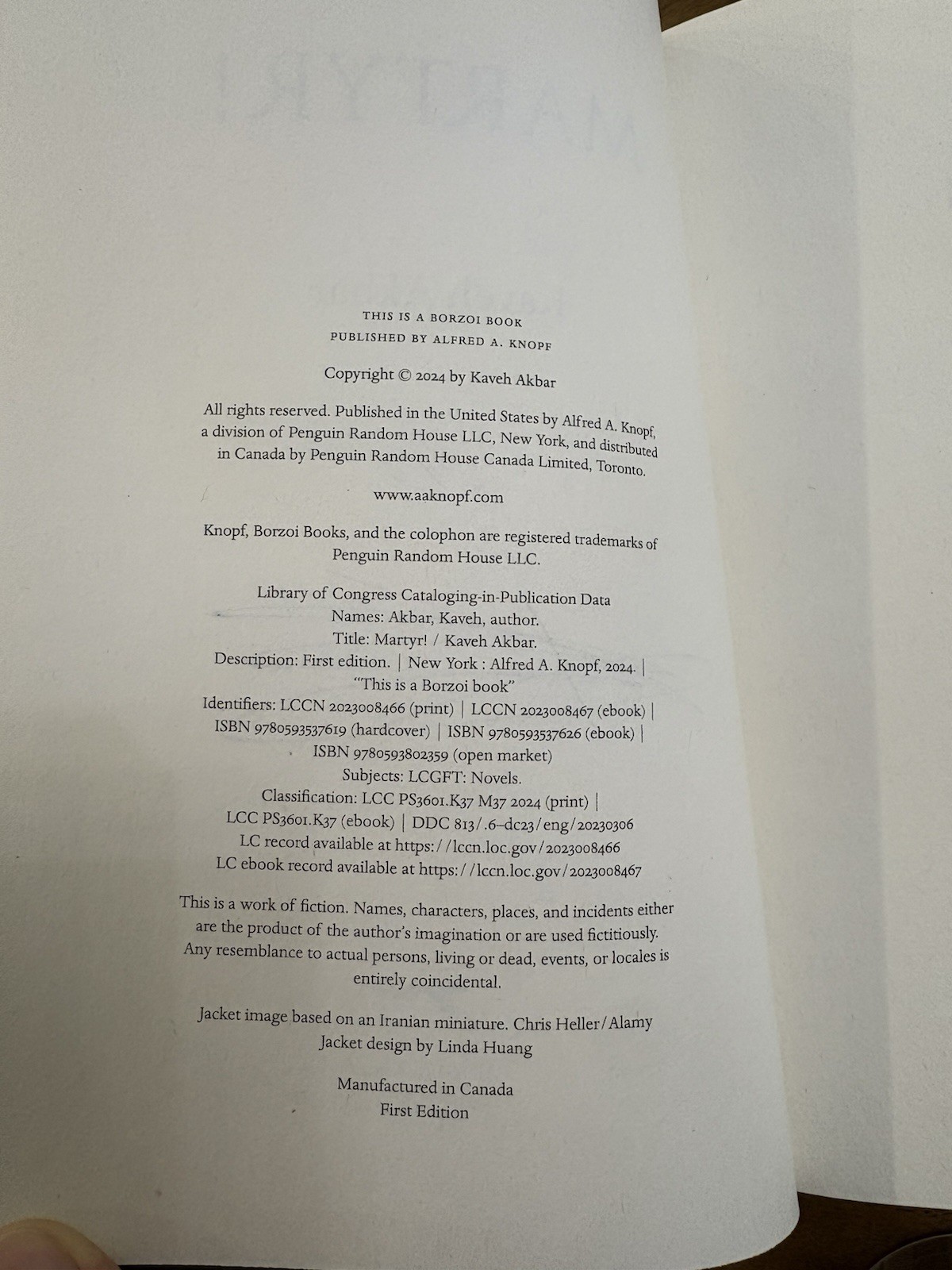 Martyr Kaveh Akbar Signed First Edition 2024 Hardcover