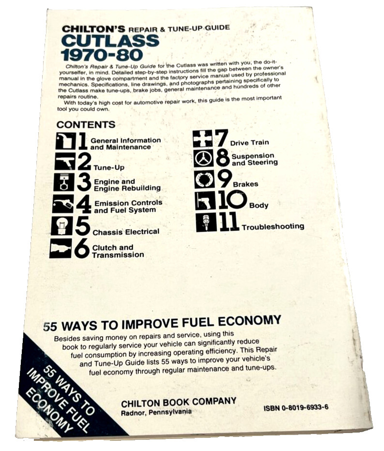 Chilton 6933 Repair & Tune-Up Guide Cutlass 1970 To 1980