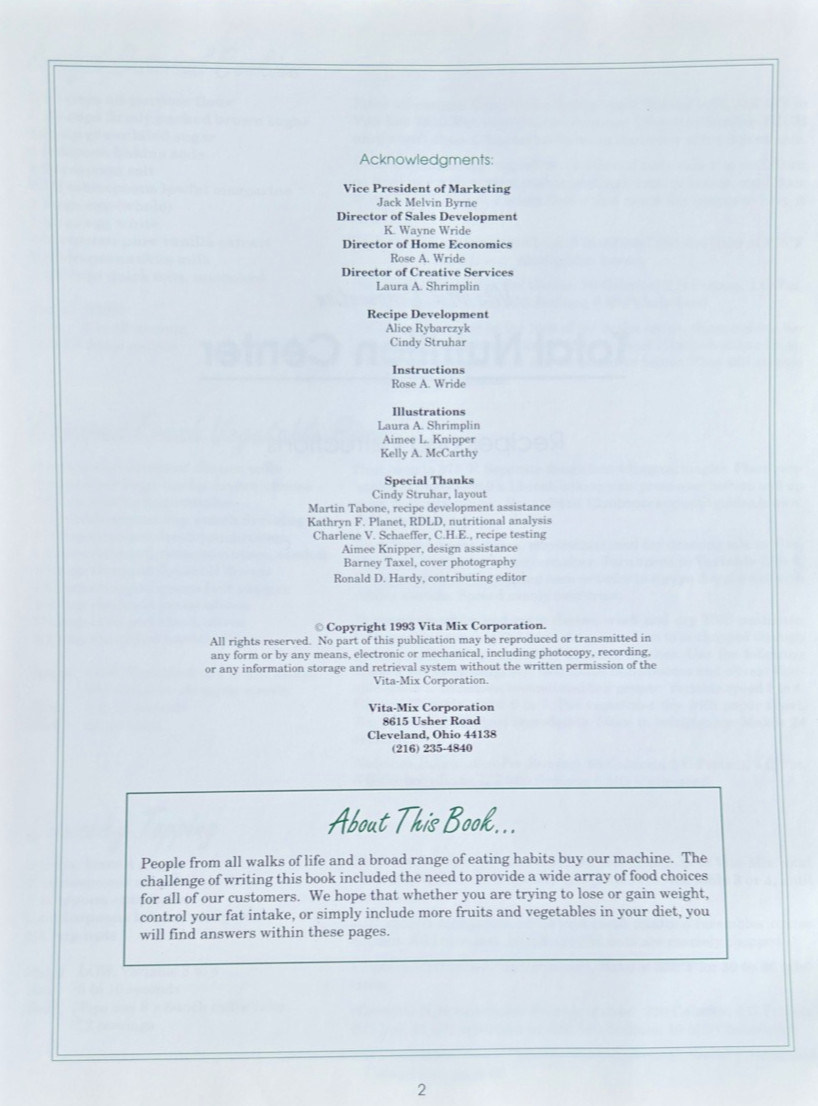 Total Nutrition Center Whole Food Machine Recipes and Instructions Vita Mix 1993
