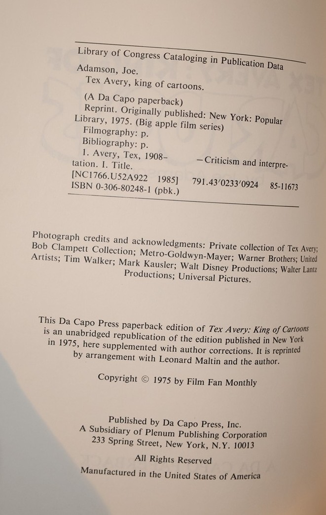 Tex Avery: King of Cartoons, Joe Adamson Bugs Bunny and Looney Tunes SC 1975