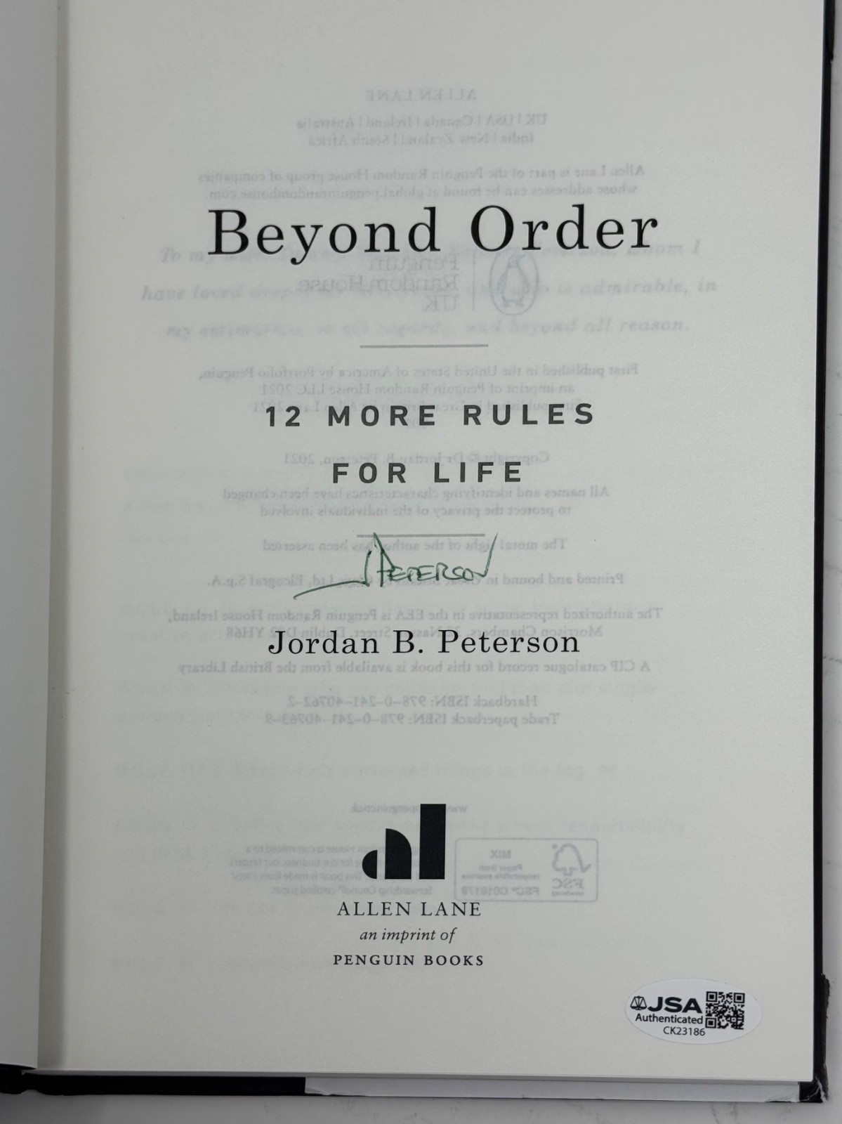 Jordan B. Peterson Signed Autograph Beyond Order Hardcover Book 1st Edition JSA