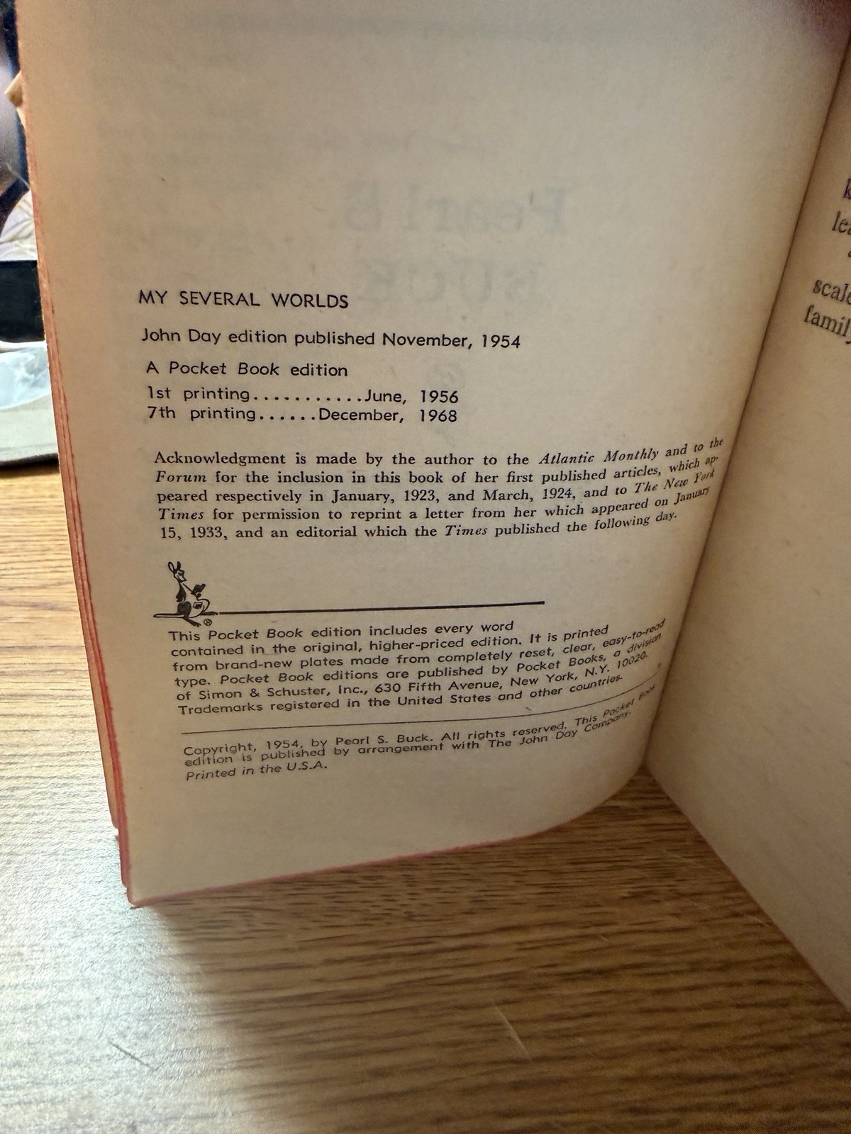 Pearl S. Buck My Several Worlds Paperback Pocket Books 1956 Vintage