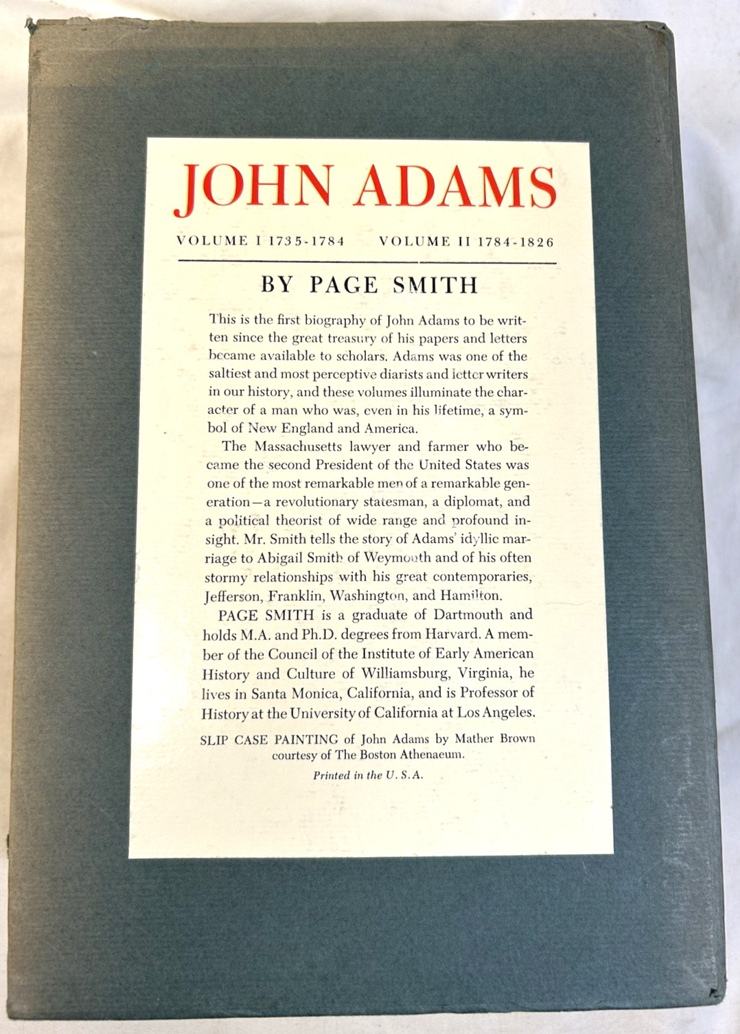 John Adams by Page Smith Vols 1 & 2 HC DJ 1962 Slipcase Biography BOMC
