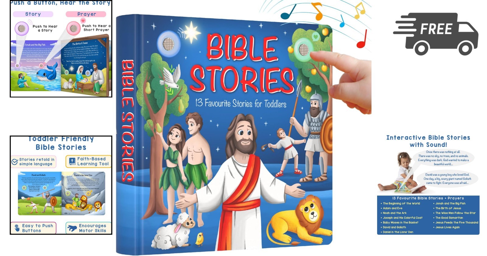 Christian Bible Stories Book for Toddlers 13 Stories and Prayers Musical Toy