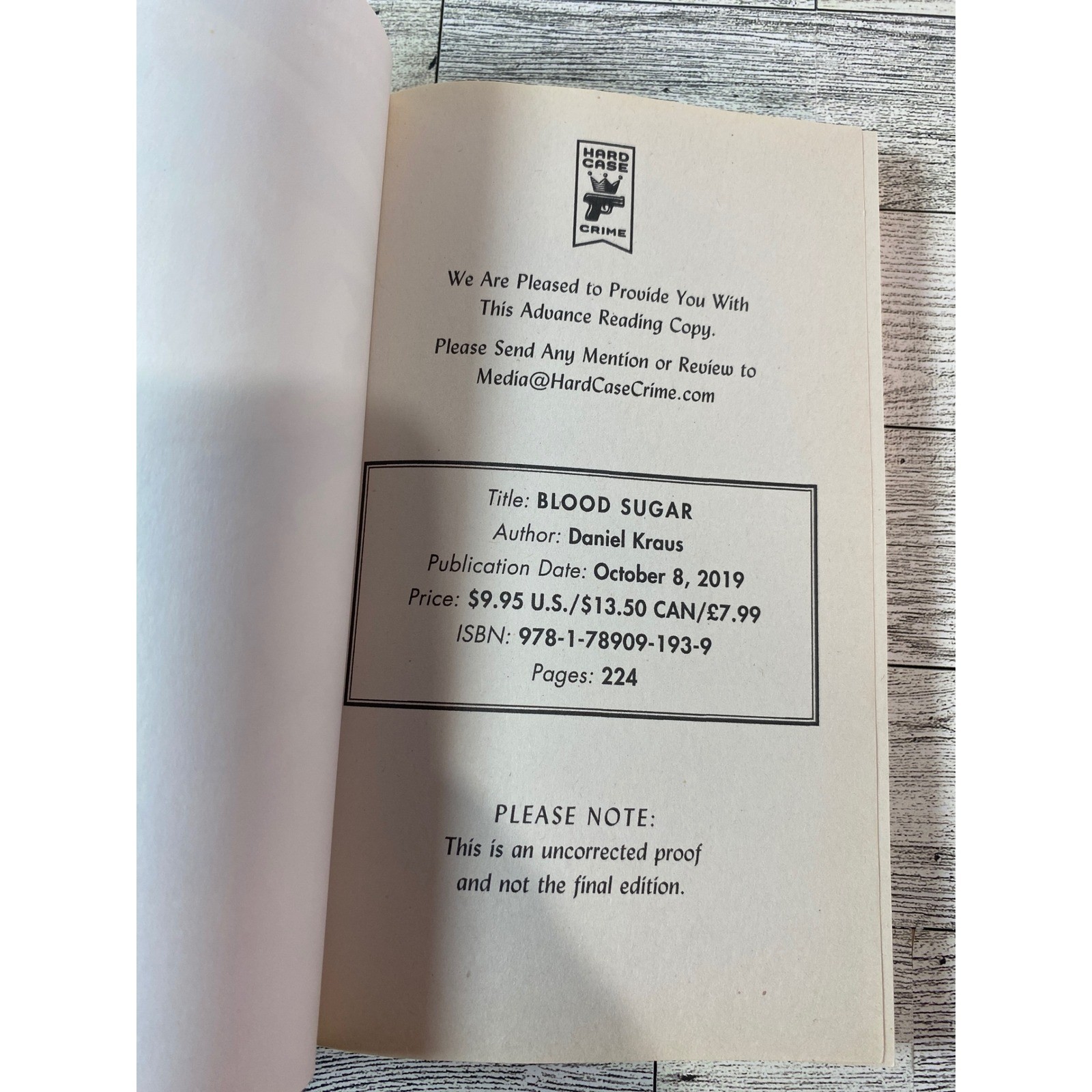 Blood Sugar (Hard Case Crime) Daniel Kraus 2019 ARC Softcover Mystery Excellent
