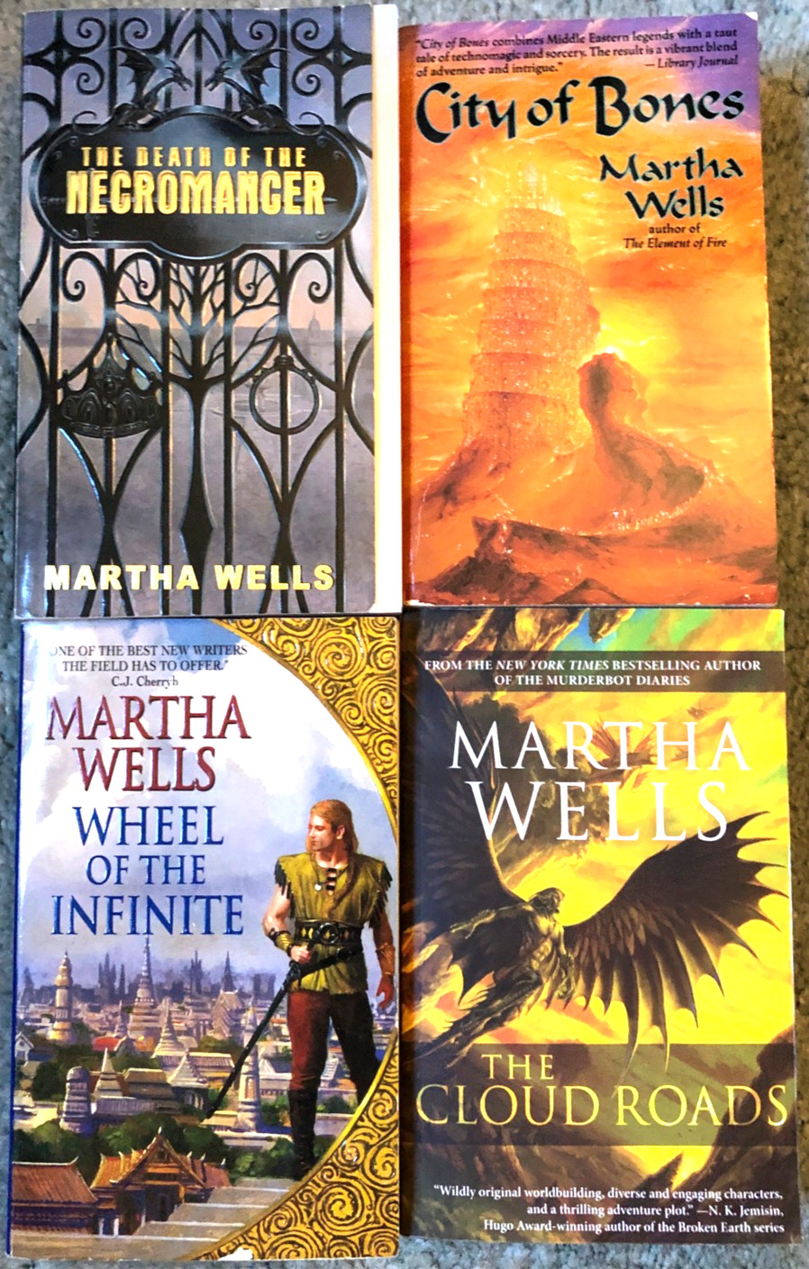 Martha Wells books, lot of 4, Necromancer, City of Bones, Wheel of the Infinite