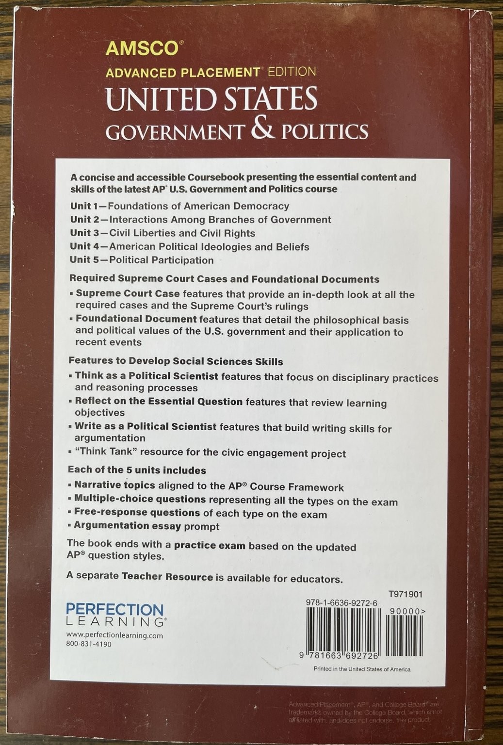 US Government & Politics David Wolfford AP Edition Perfection Learning