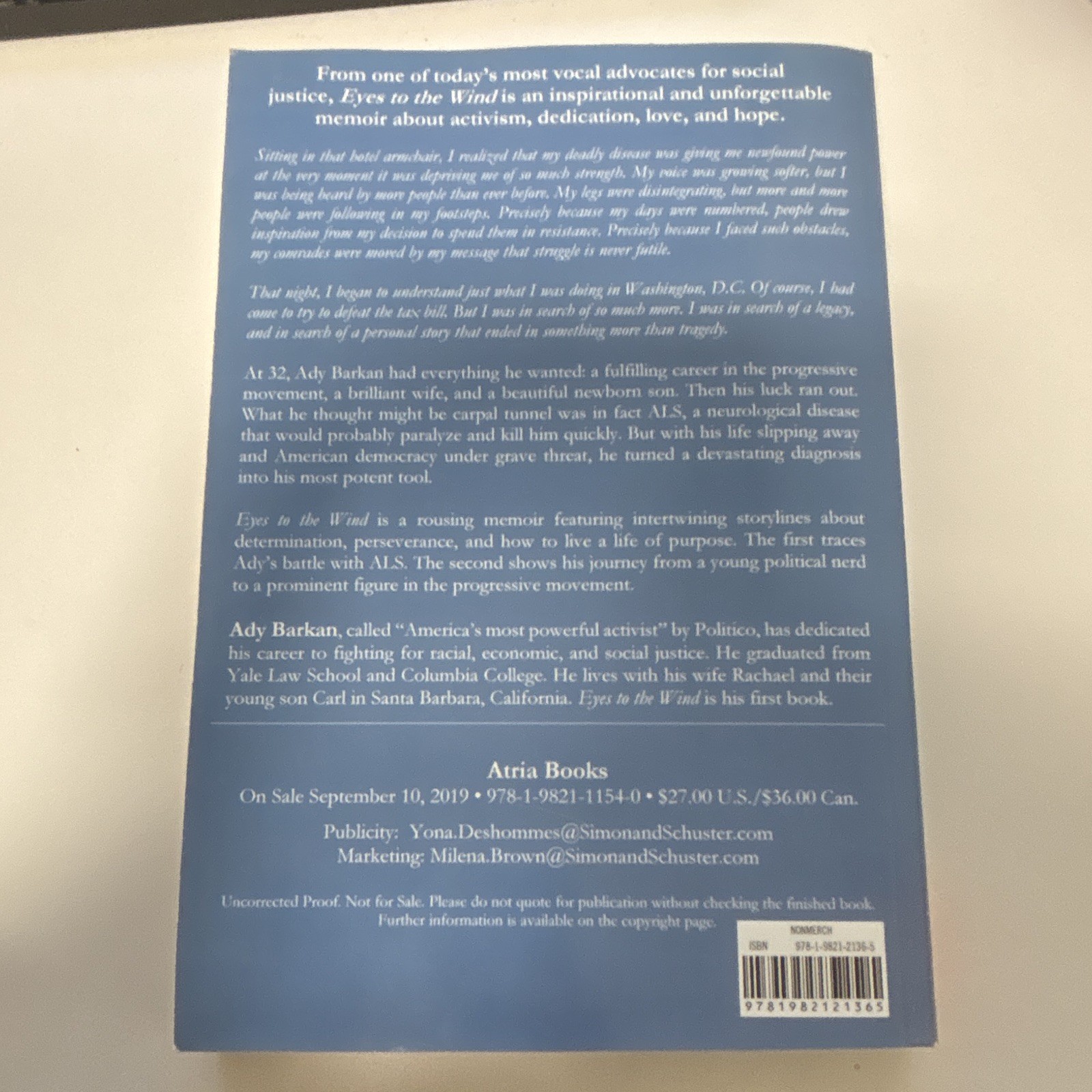 Ady Barkan Eyes to the Wind, Paperback, Advance Reader’s Ed, AUP, 2019