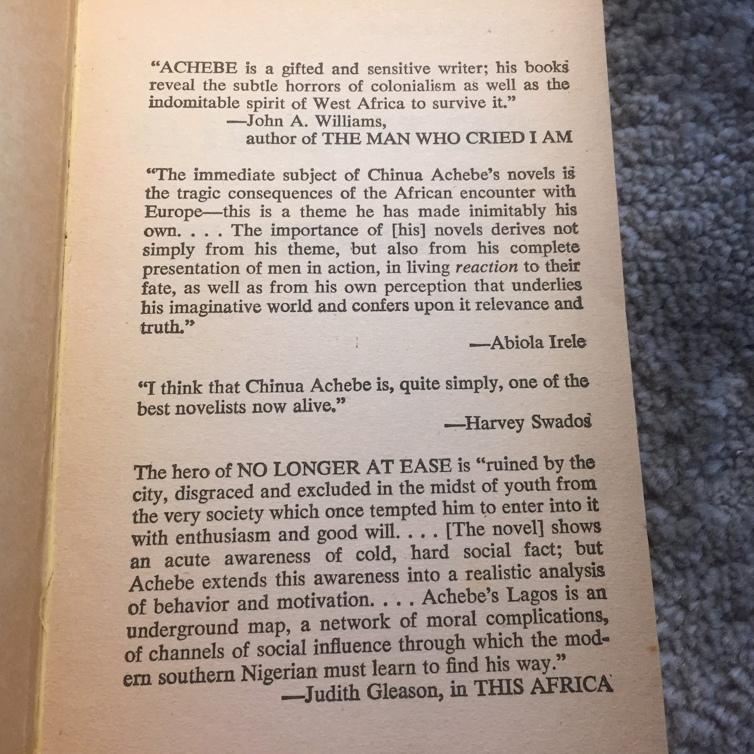 No Longer At Ease by Chinua Achebe 1985 First Fawcett Premier Edition Paperback