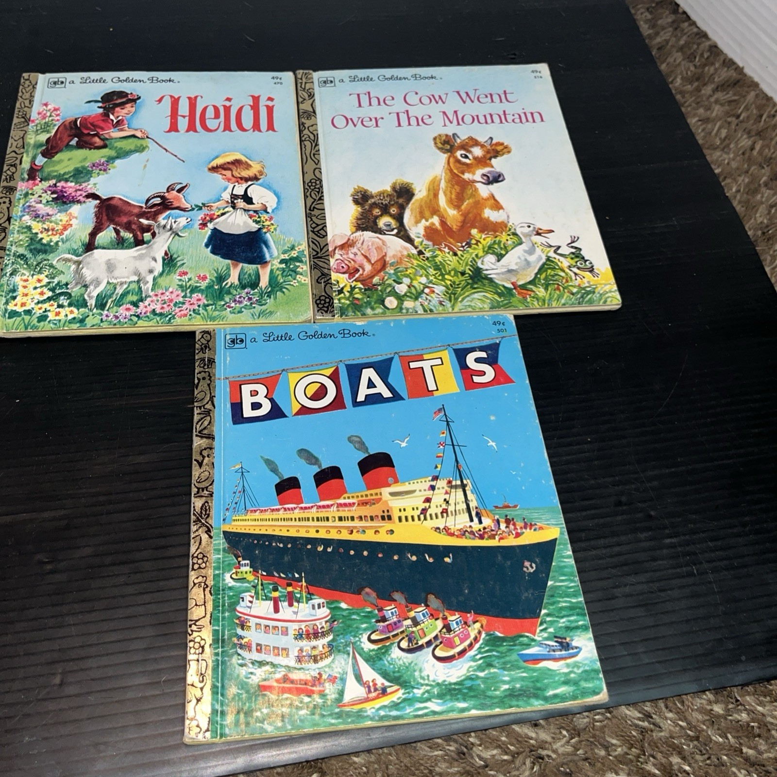 Lot of 3 Little Golden Books Mixed Lot Vintage Boats, Heidi, & The Cow Went Over