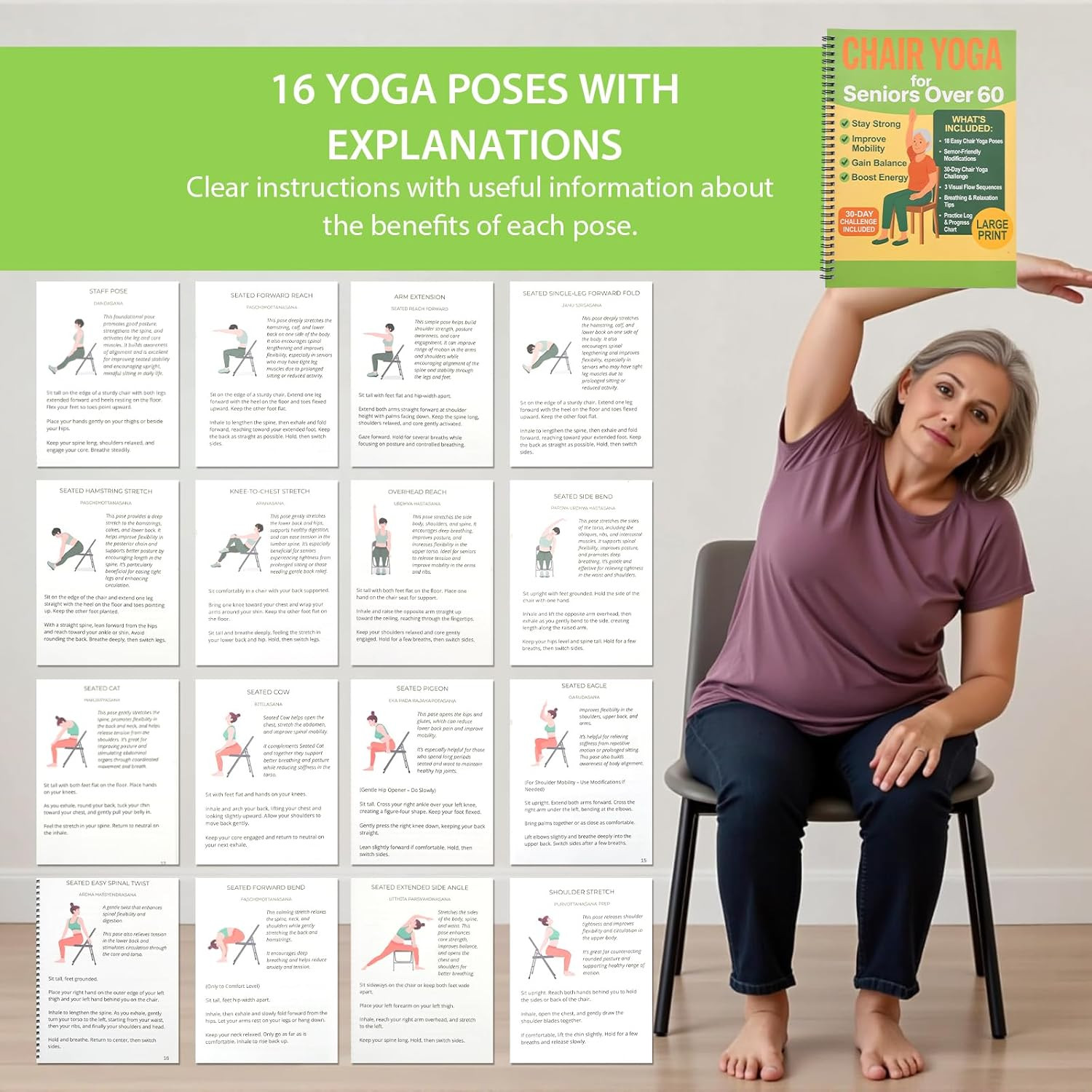 Chair Yoga for Seniors Over 60 Book & Chart, Gentle Seated Chair Yoga Guide, …