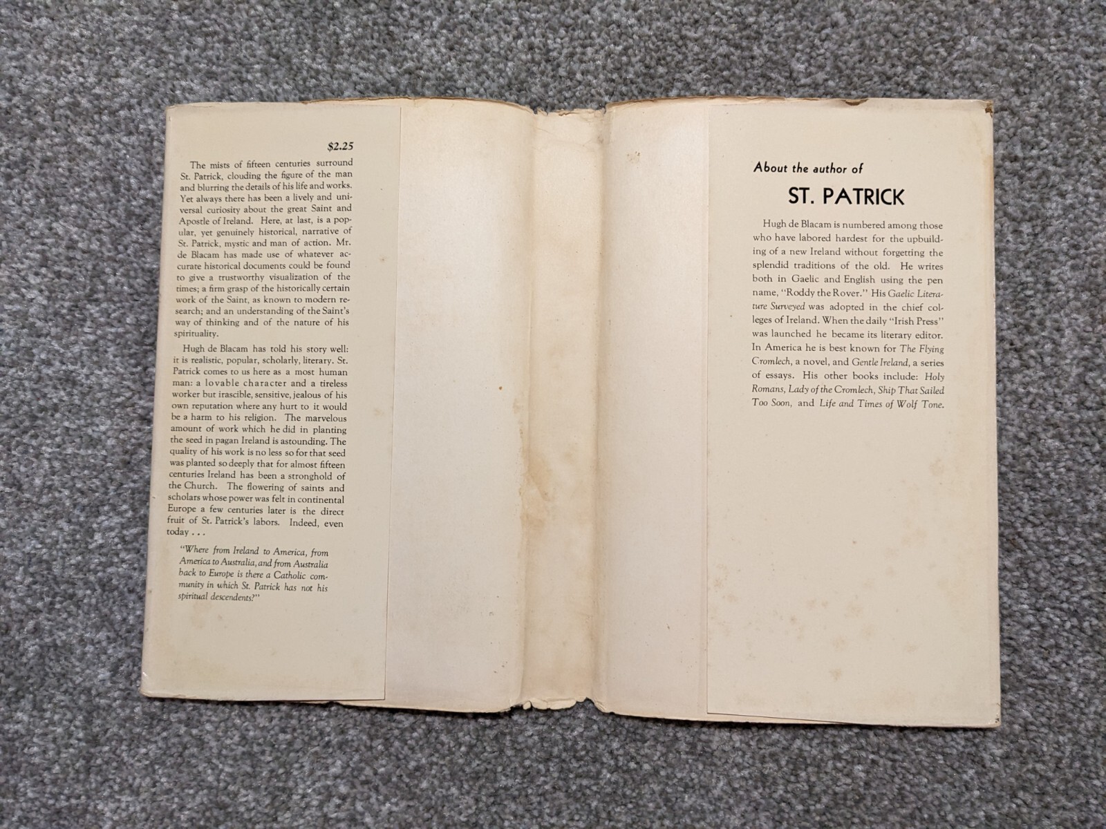 Saint Patrick Apostle Of Ireland Hugh De Blacam 1941 Bruce Publishing Company DJ