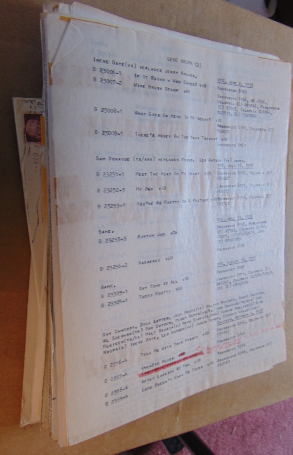 Gene Krupa discographic information, about 125 pages or 1-inch of papers
