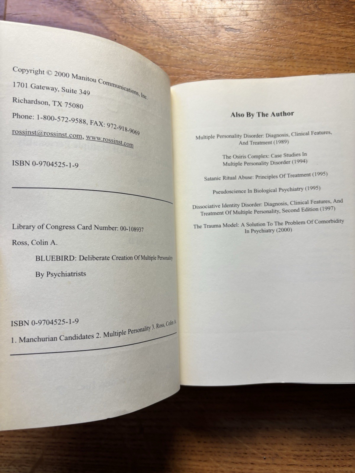 Bluebird : Deliberate Creation of Multiple Personality by Psychiatrists by Colin