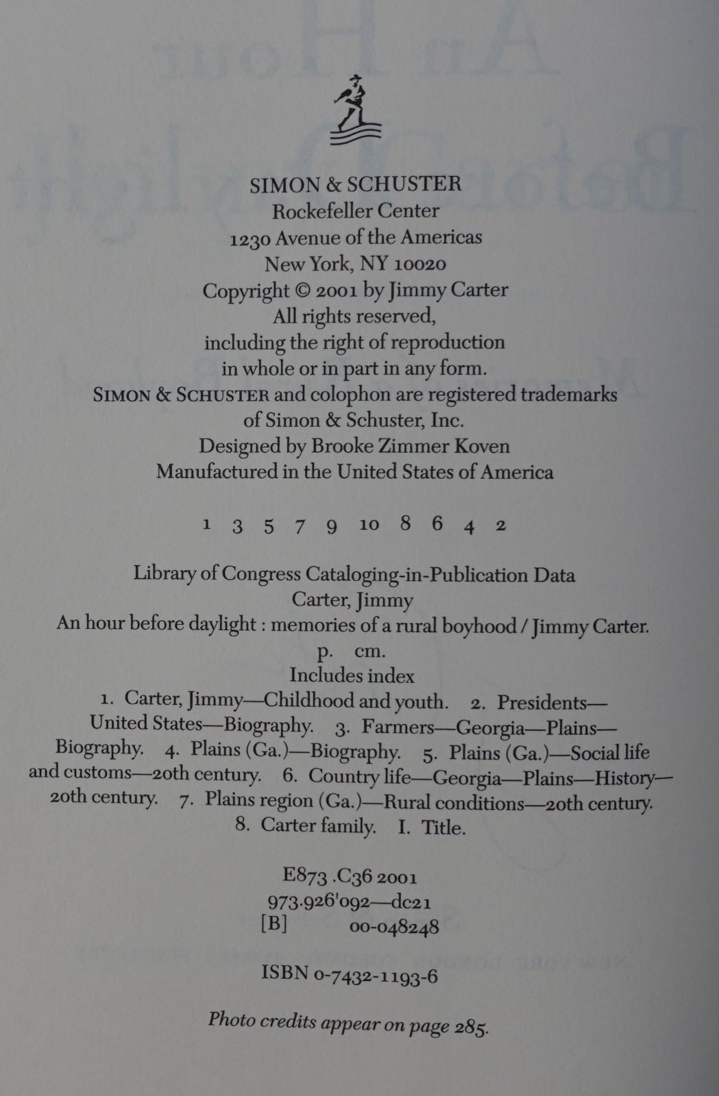 AN HOUR BEFORE DAYLIGHT BY JIMMY CARTER, SIGNED, 2002 PULITZER PRIZE FINALIST