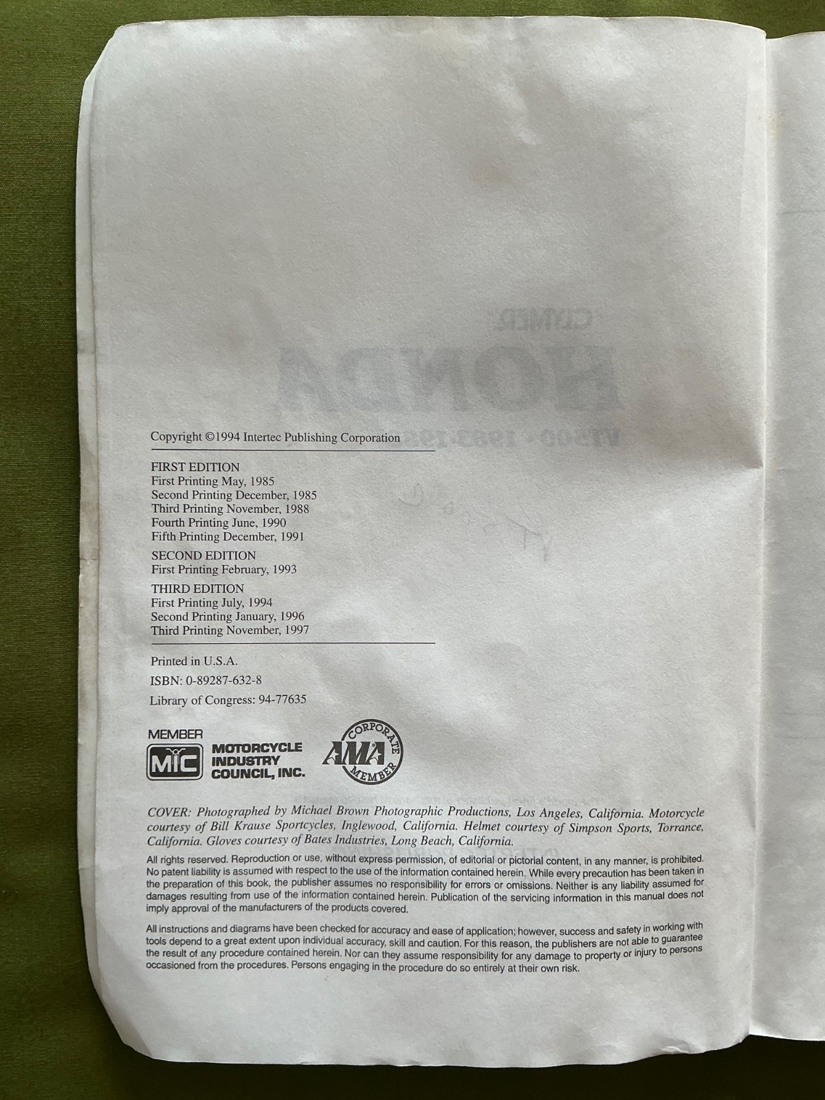 Clymer Honda VT500 Service Manual 1983-1988 M344 Acceptable 1994 Pback
