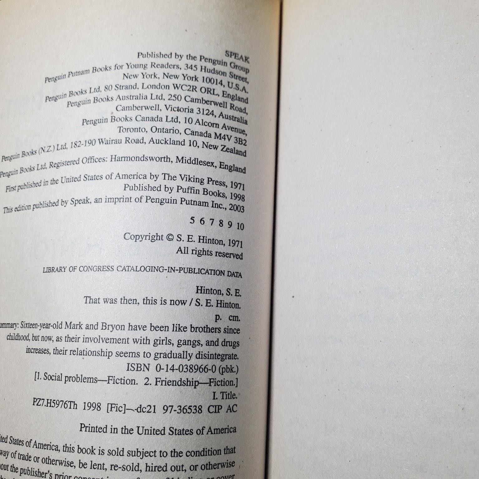 That Was Then This Is Now S.E. Hinton 2003 Paperback Fiction Speak