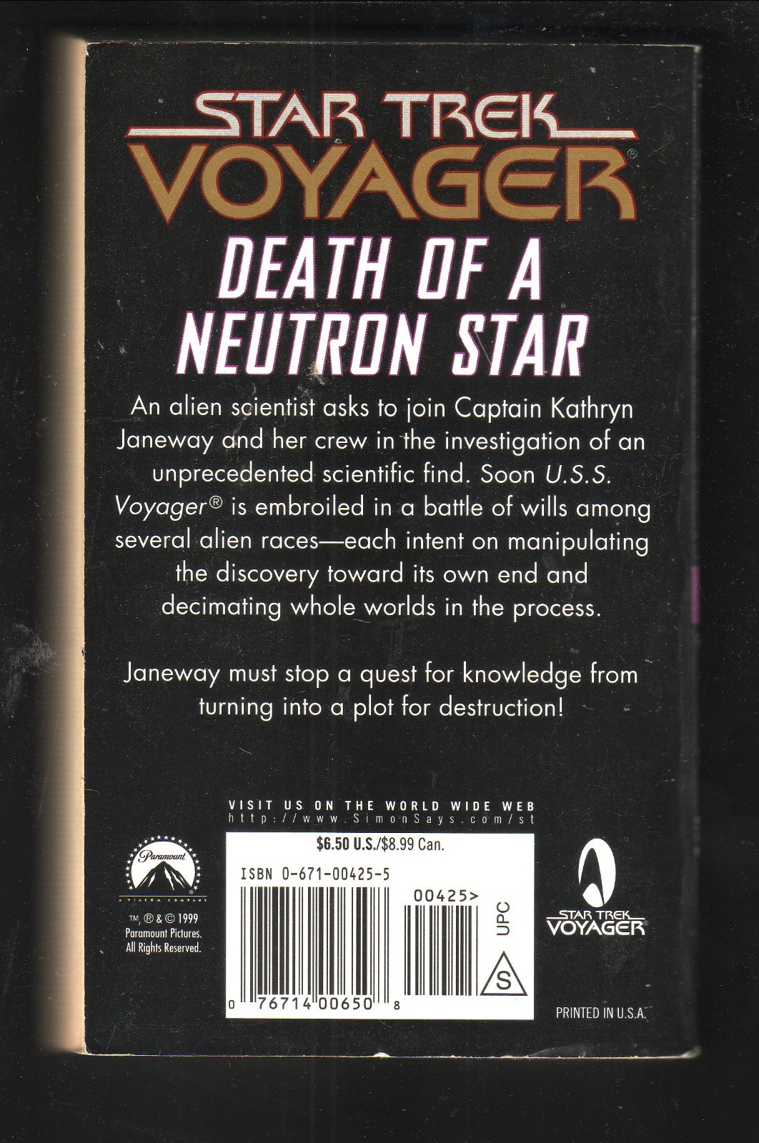 1999 Star Trek Voyager Death of a Neutron Star 1st Edition Pocket Books