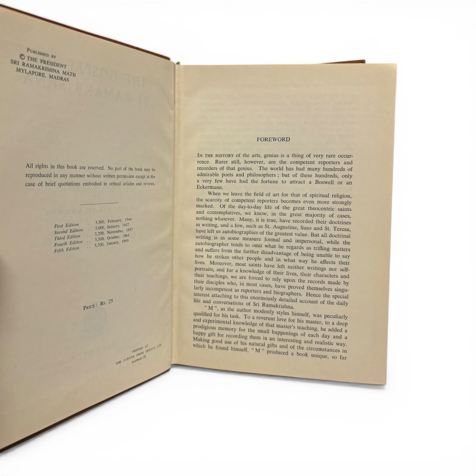 THE GOSPEL OF SRI RAMAKRISHNA Translated By Swami Nikhilananda Hardcover