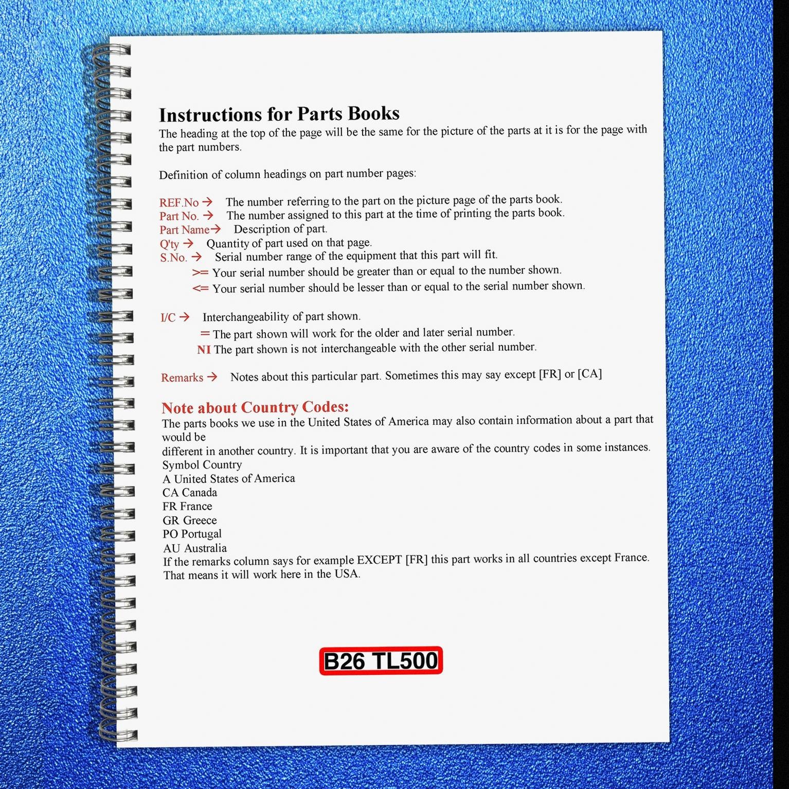 KUBOTA B26 TL500 Loader Illustrated Parts List Manual – SPIRAL BINDING – COVERS