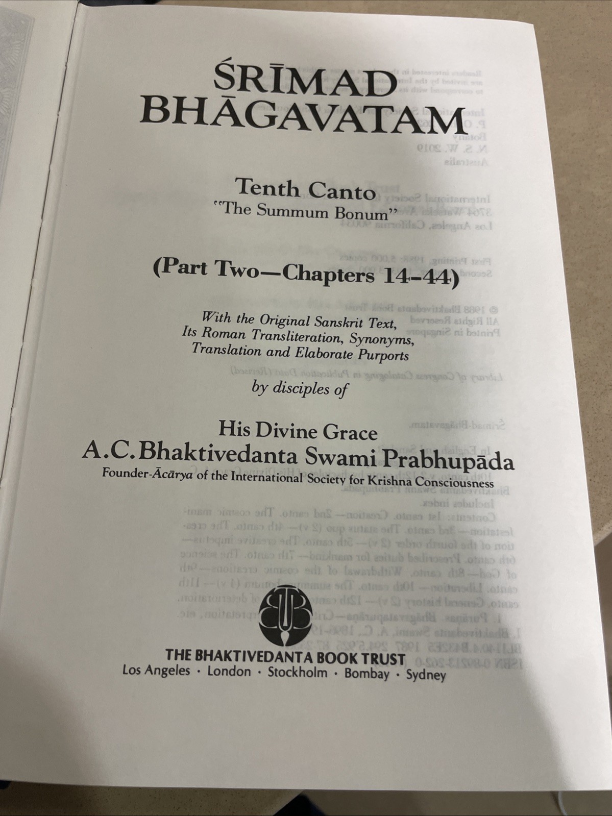 Srimad Bhagavatam Tenth Canto-Part Two by Swami Prabhupada 1993 Hardcover