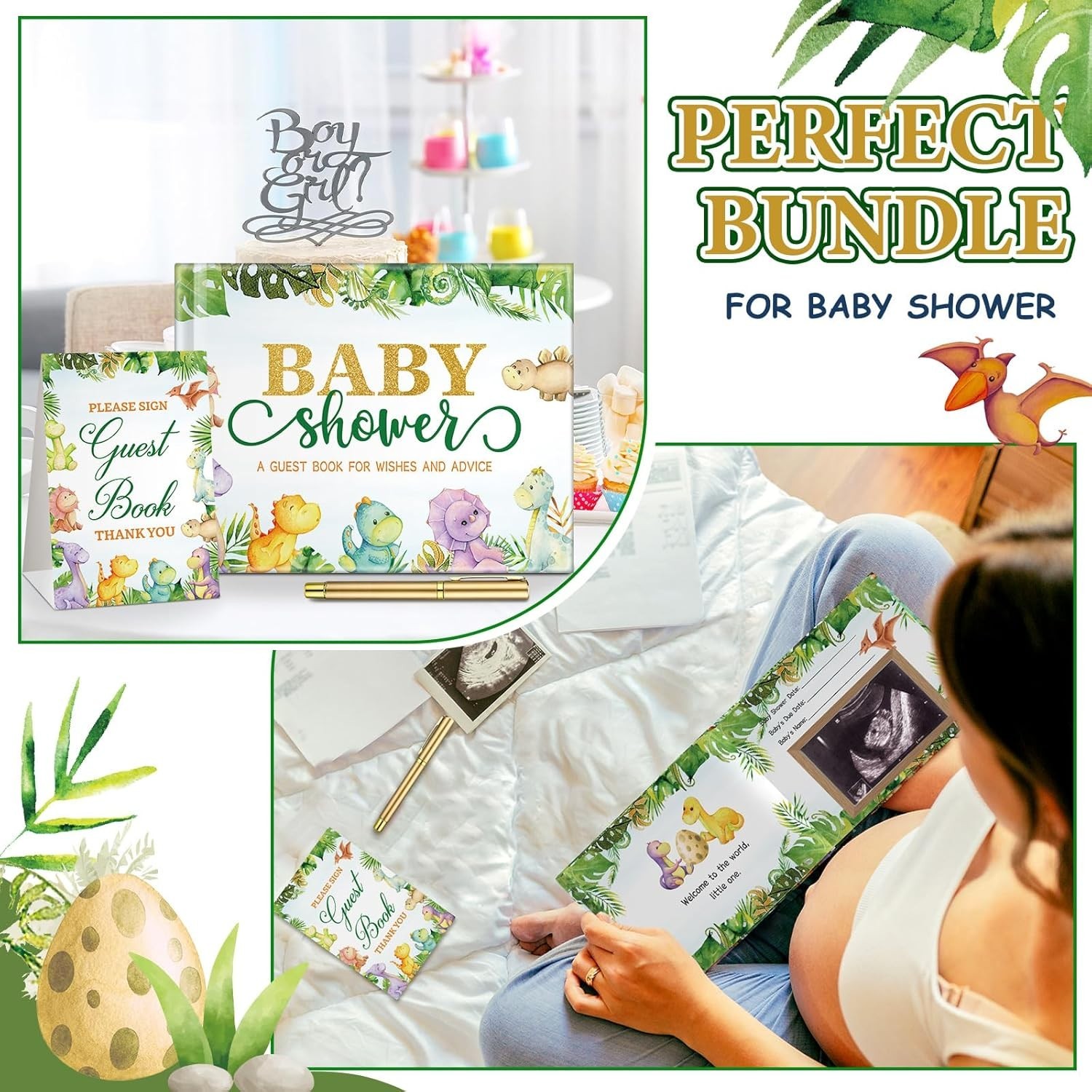 Delicate Dinosaur-Themed Baby Shower Guest Book with Golden Pen & Photo Corners