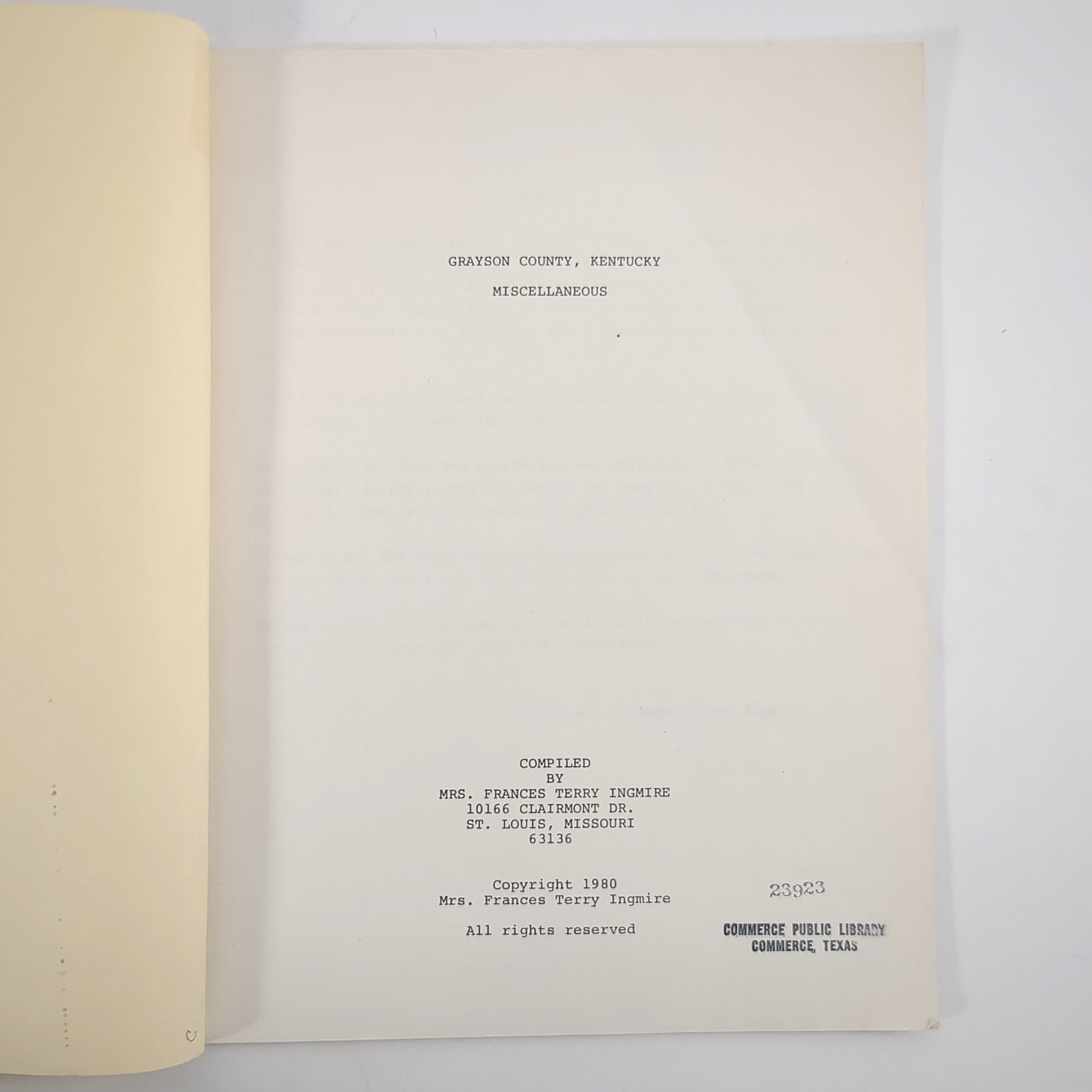 Grayson County Kentucky Miscellaneous Genealogy Paperback Book Ingmire 1980