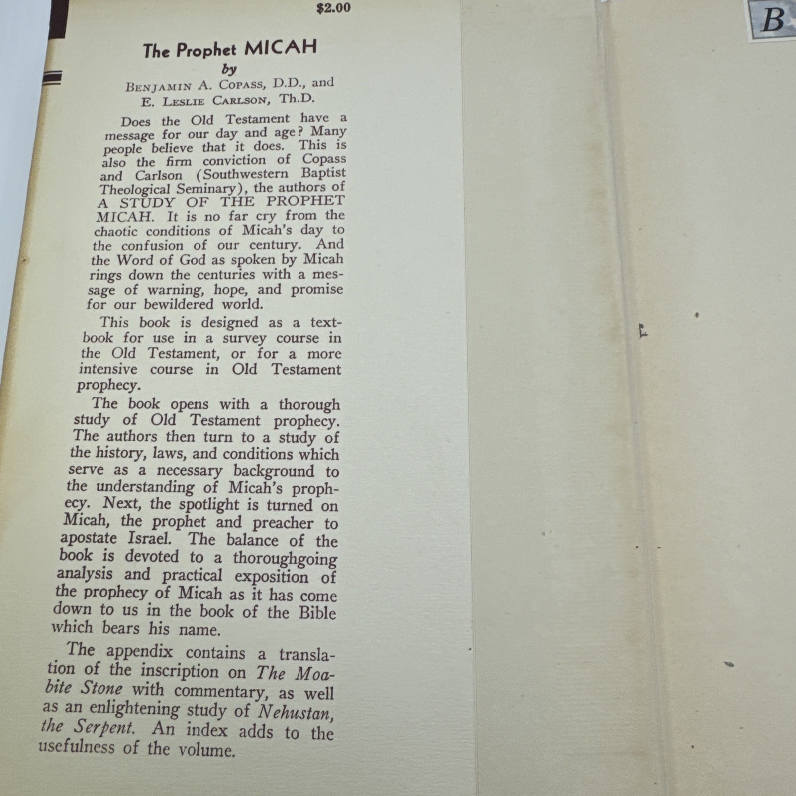 A Study of the Prophet of Micah Copass & Carlson 1950 HC Baker Book House