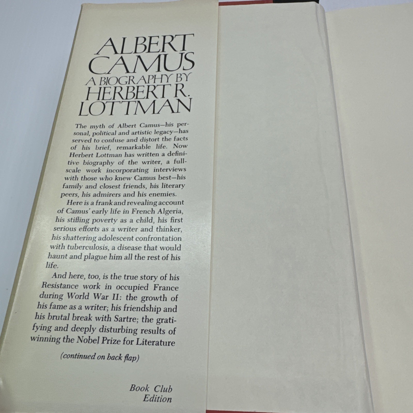 Albert Camus a Biography Herbert R. Lottman Hardcover 1979 Book Club Edition