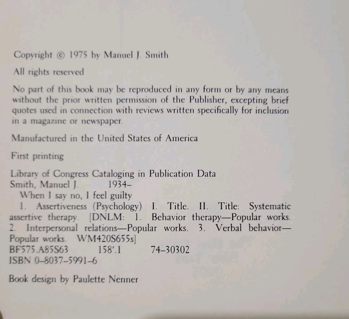 When I Say No I Feel Guilty. By Manuel J. Smith 1975 HCDJ. 1st Printing