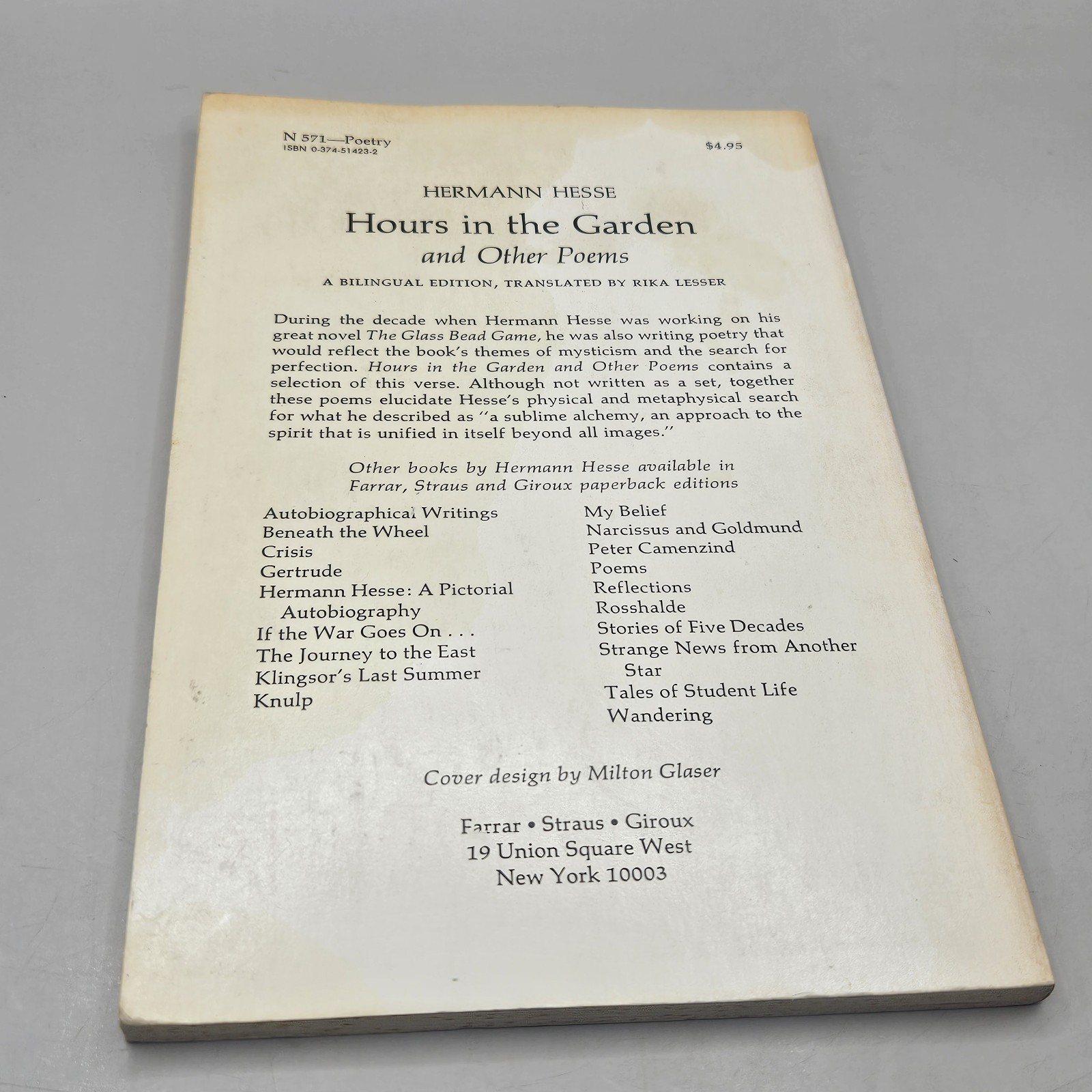 Hermann Hesse HOURS IN THE GARDEN Farrar Straus Giroux 1979 Bilingual Edition