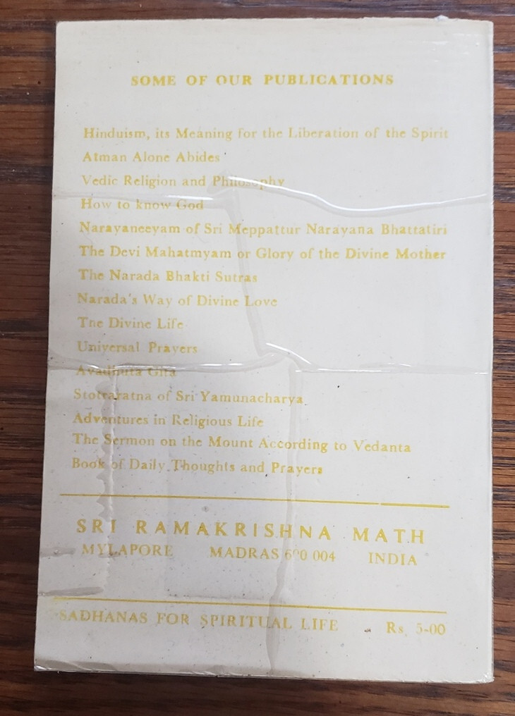 Sadhanas For Spiritual Life – Sri Ramakrishna Math (1981) Paperback -1st Edition