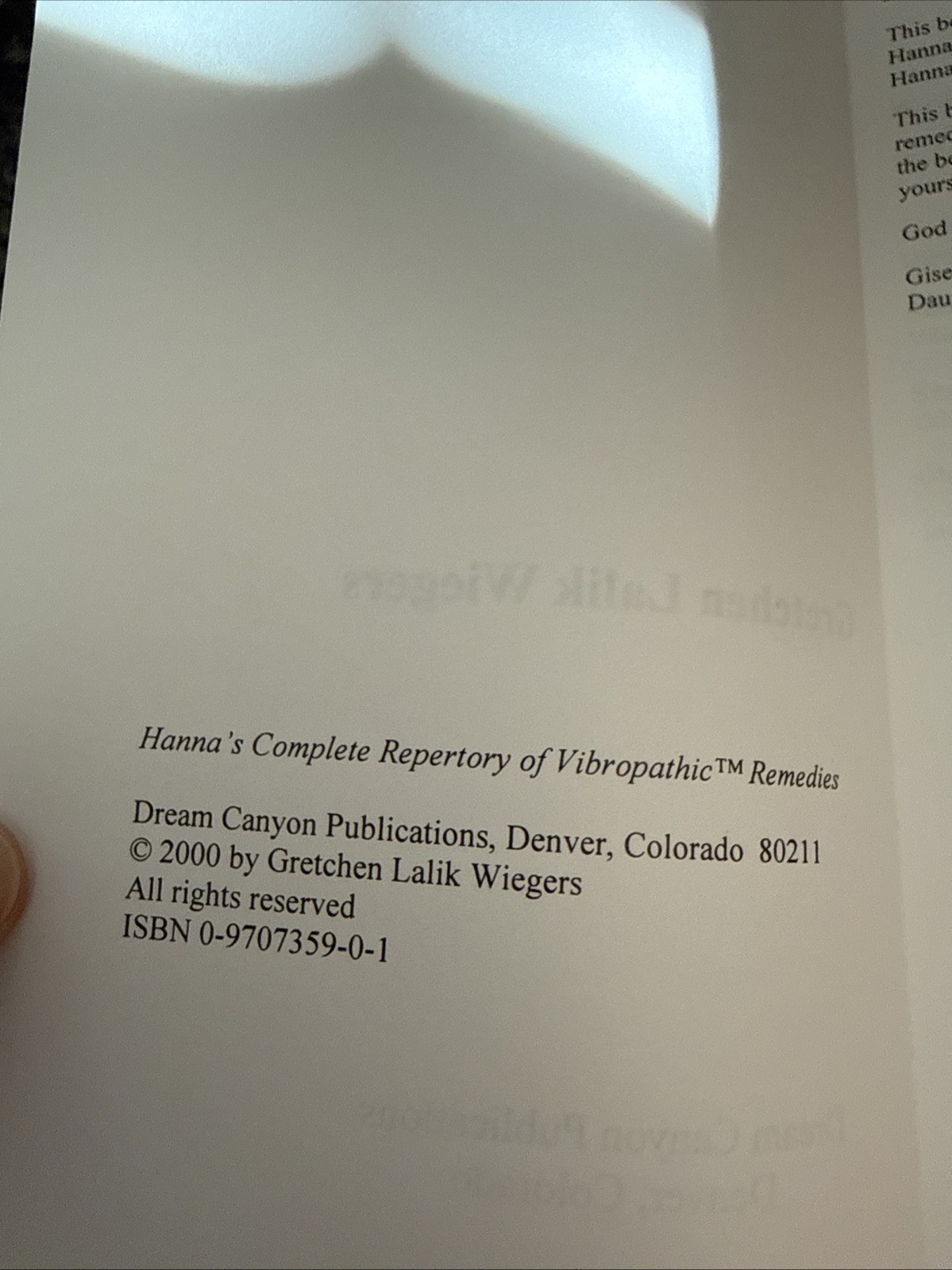 Hanna’s Complete Repertory Of Vibropathic Remedies Gretchen Wiegers 125 Pages PB