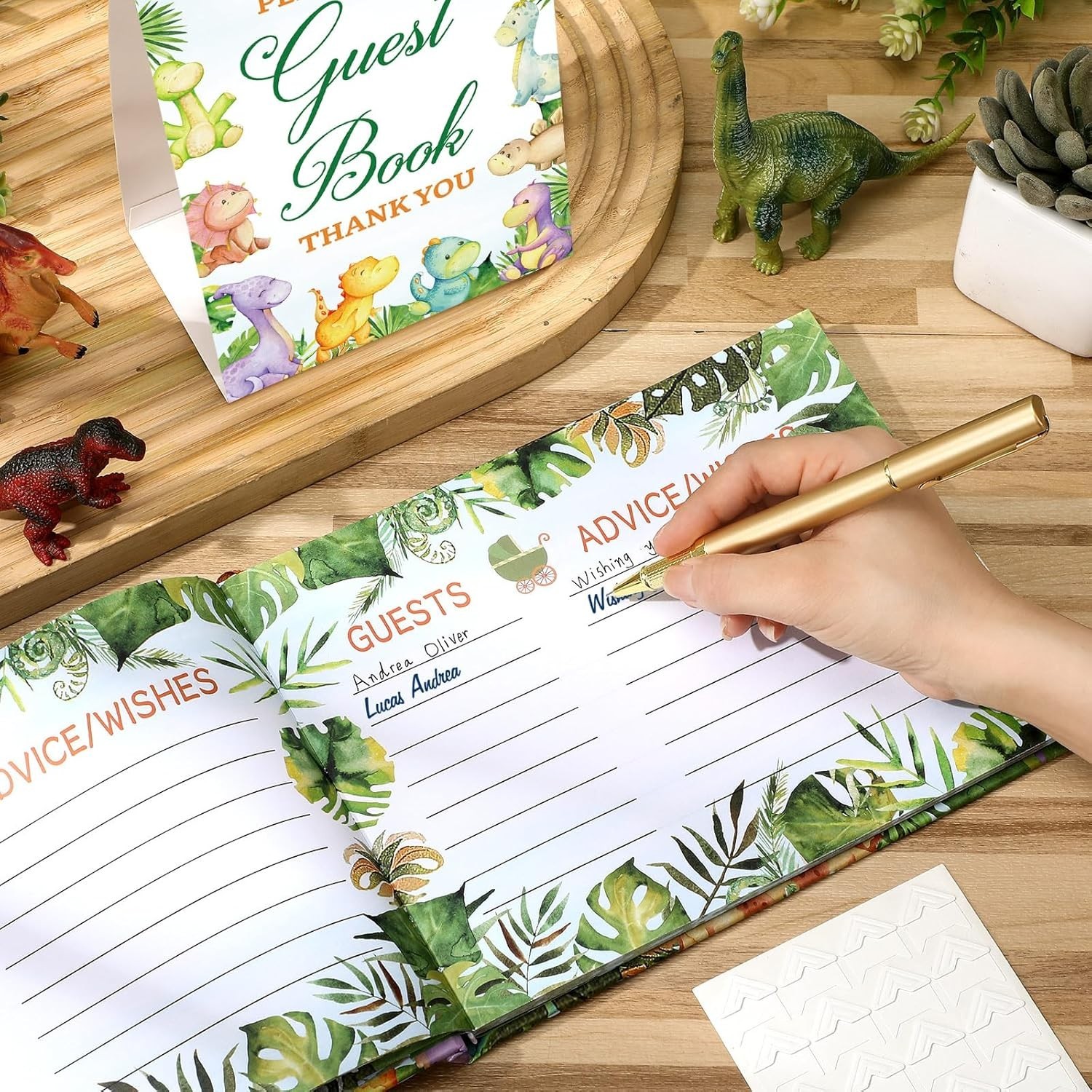 Delicate Dinosaur-Themed Baby Shower Guest Book with Golden Pen & Photo Corners