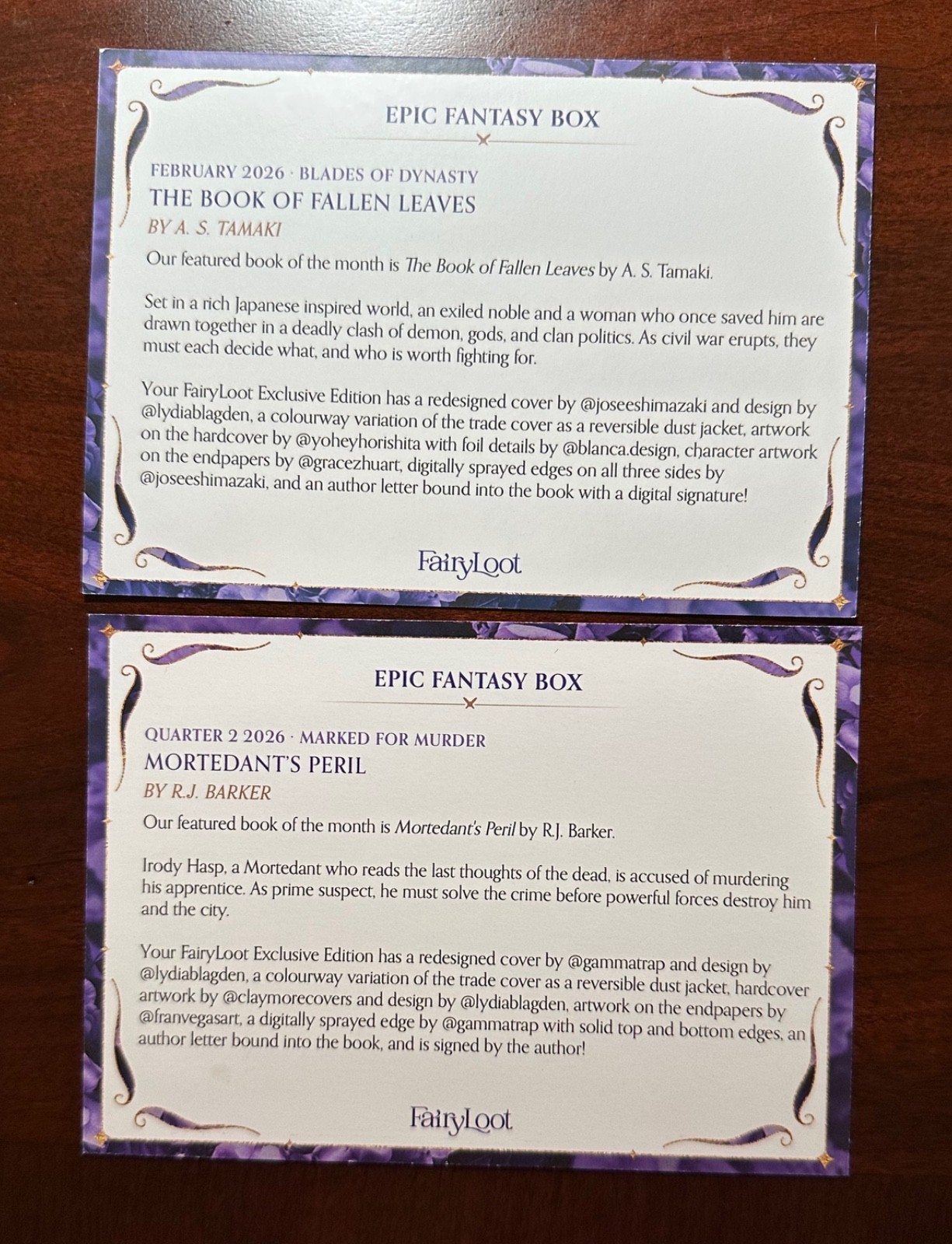 FairyLoot: Book of Fallen Leaves by AS Tamaki & Mortedant’s Peril by RJ Barker